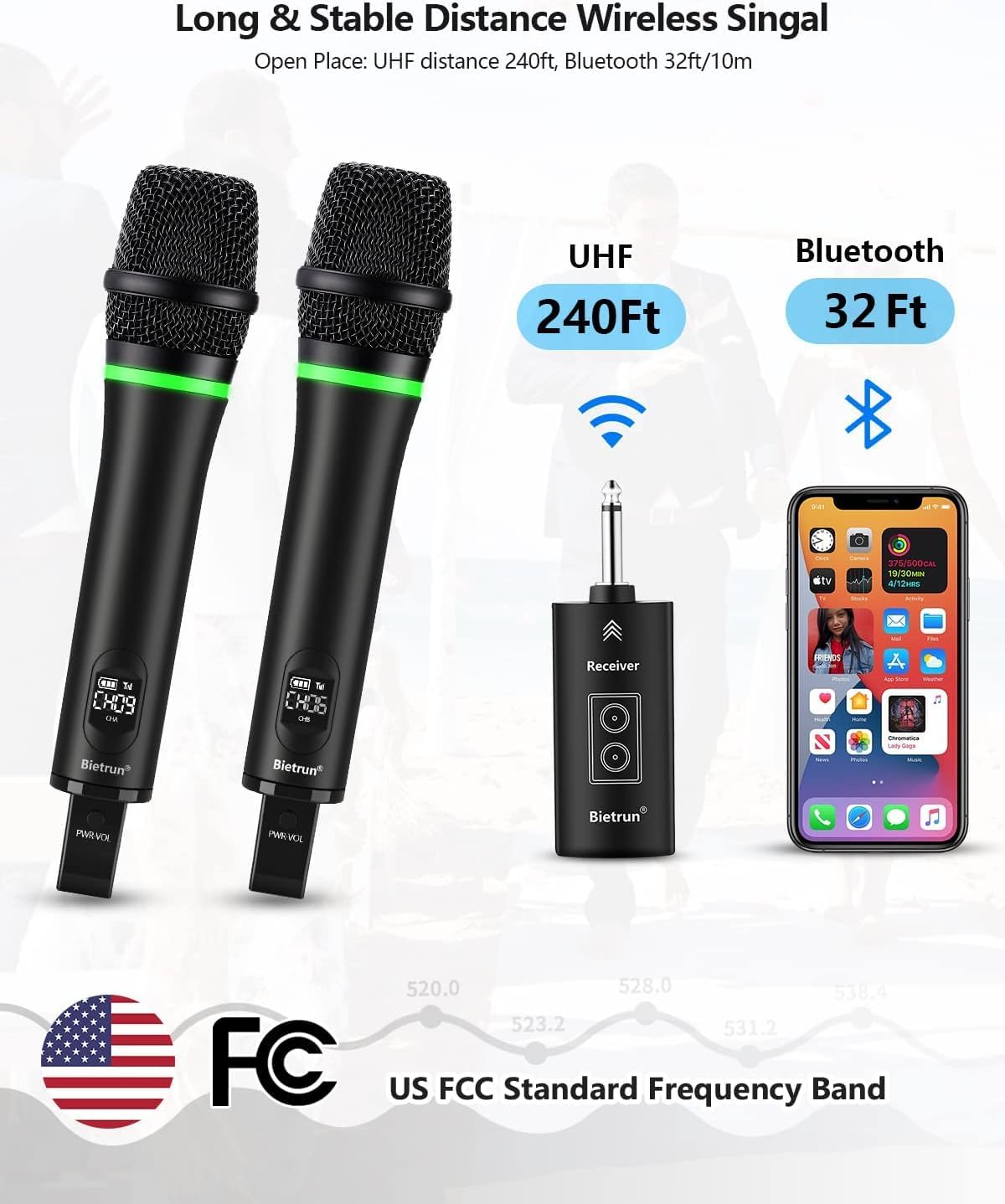 Bietrun Rechargeable Wireless Microphone, Dual Metal Cordless Handheld Dynamic Wireless Mics with 1/4'' Output for Karaoke, Meeting, Singing, Church, Wedding(UHF 240ft Range)(Receiver with Bluetooth)