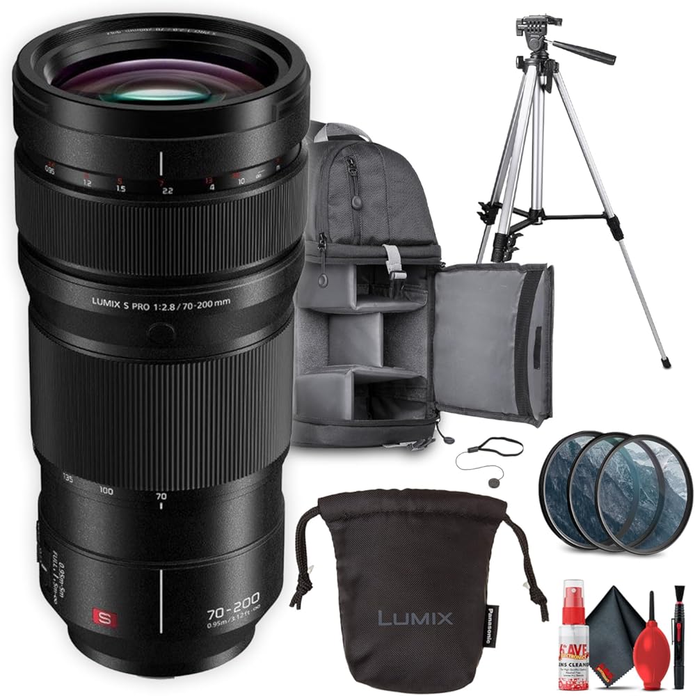Panasonic Lumix S Pro 70-200mm f/2.8 Telephoto Lens (S-E70200) Dust/Splash Resistant Bundle Including: 3-Piece Filter Kit, Backpack, Lens Caps, Lens Hood, Cleaning Kit, Lens Cap Keeper