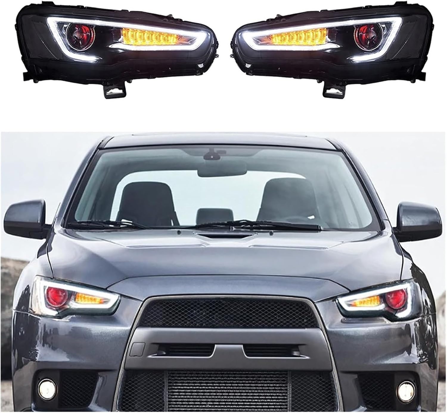 Car LED Head Lamp with Devil Eyes Compatible with Mitsubishi Lancer 2008-2017 DRL Car Headlight Assembly Signal Auto Modified Accessories