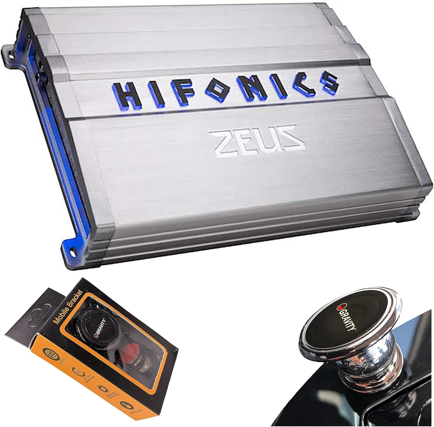 Hifonics ZG-2400.1D Zeus Gamma 1 Channel Super D Class 2400 Watt Car Audio Sound System Subwoofer Speaker Amp Amplifier with Gravity Magnet Phone Holder Bundle