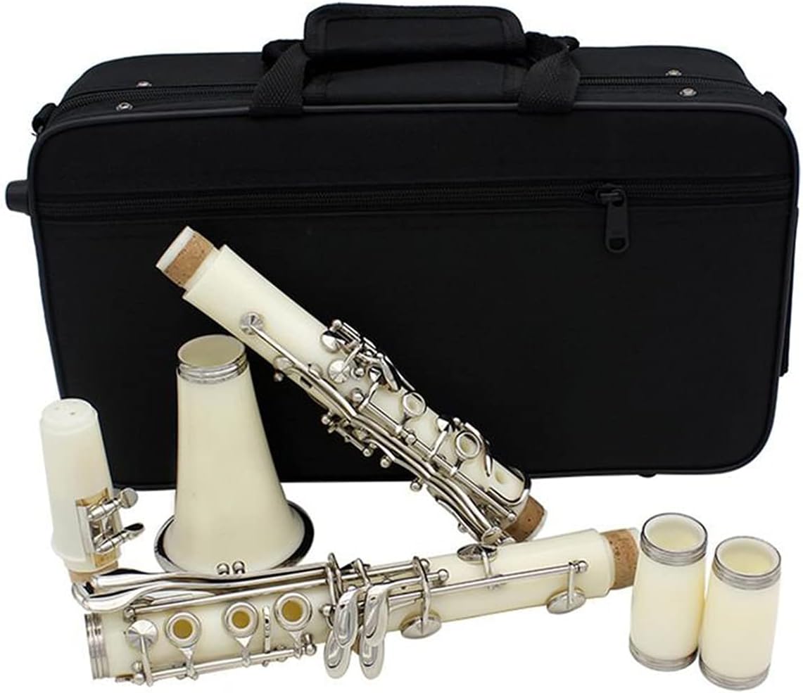 Clarinet Set 17-Key Clarinet B Flat Nickel-Plated Buttons Double-Barrel Metal Clarinet with Accessories Woodwind Musical Instrument White Professional Clarinet