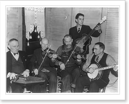 Historic Framed Print, [Members of the Bog Trotters Band seated playing or holding instruments, Galax, Va. Includes band leader, Doc Davis, with autoharp; Uncle Alex Dunford with fiddle; Crockett Ward with fiddle; Wade Ward with banjo; Fields Ward wi