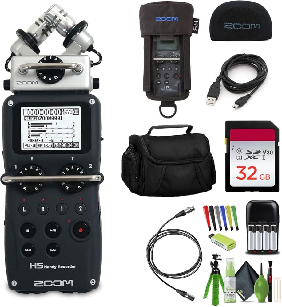Zoom H5 4-Track Portable Handy Recorder for Video, Audio, Music, Podcasting with Interchangeable X/Y Mic Capsule, Stereo Microphones, 2 XLR/TRS Inputs, USB Audio Interface, Battery Powered Bundle