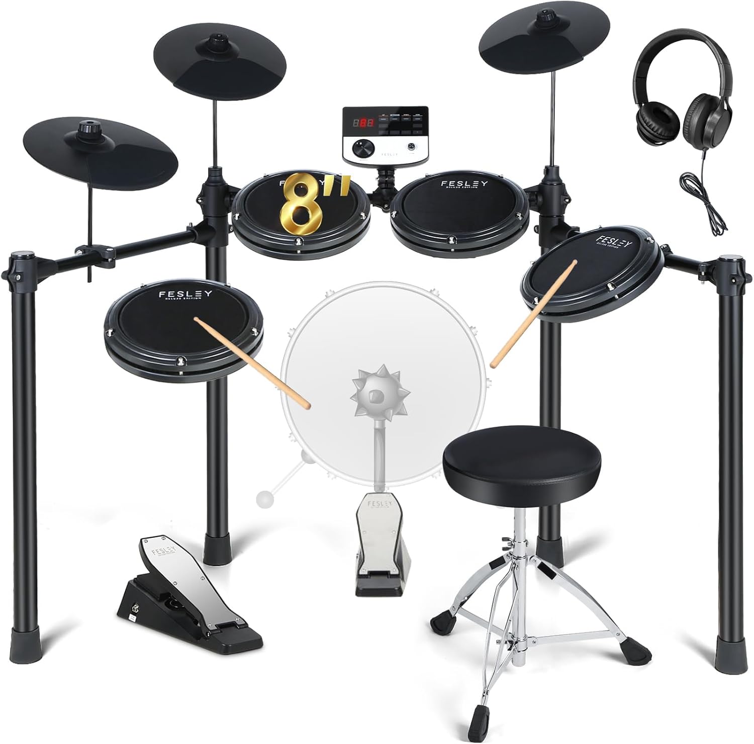 Fesley Electric Drum Set: 5 Drums 3 Cymbals with 4 Quiet Mesh Drum Pads, Electronic Drum Set for Beginner Adult, E Drum Kit with Throne, Headphone, Drumsticks, USB MIDI, Intelligent Sound Module
