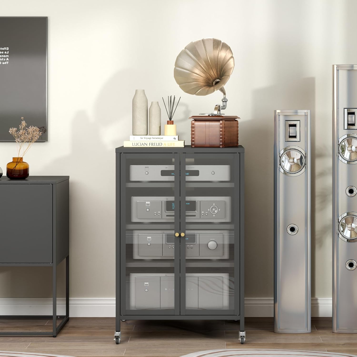 Stereo Cabinet, Metal Media Storage Cabinet with Glass Doors, Audio-Video Media Stand with 4 Adjustable Shelves, AV Stand for Meeting, Living, Recording Room, Require Assembly, Black