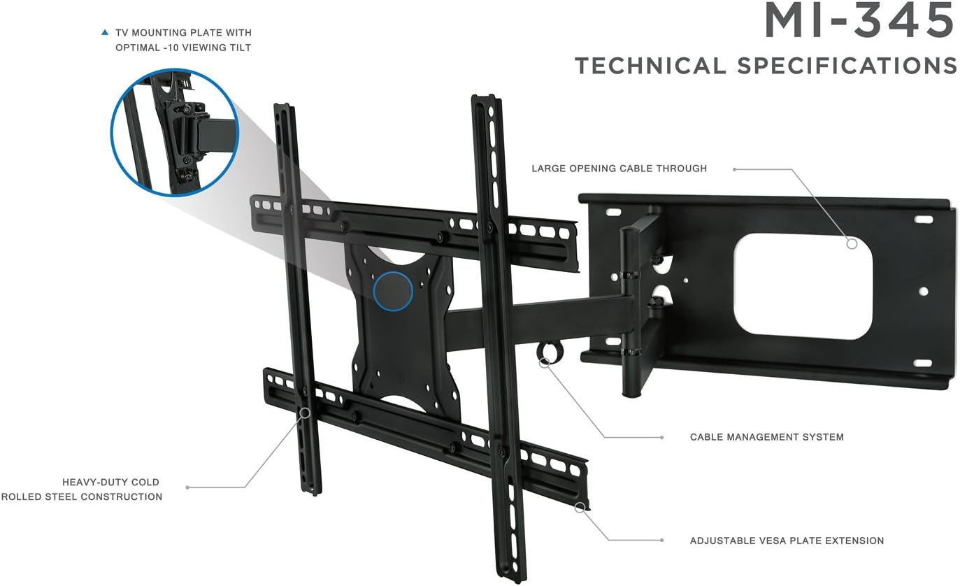 Mount-It! Full Motion Articulating TV Wall Mount Bracket for 32-70” Plasma, LED, LCD Flat Screens up to 100 Pounds and 600x400 VESA, Tilt, Swivel, Extend, Compress