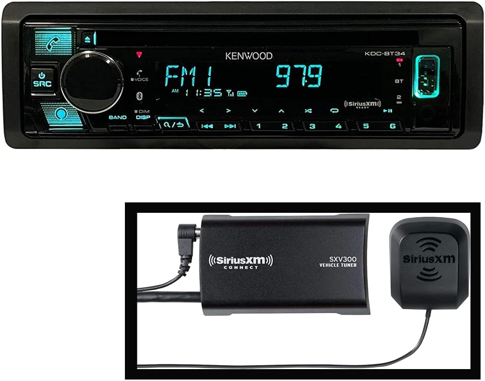 Kenwood KDC-BT34 CD/BT Audio Receiver | Plus SiriusXM SXV300v1 Connect Vehicle Tuner Kit for Satellite Radio with Free 3 Months Satellite and Streaming Service (Renewed)