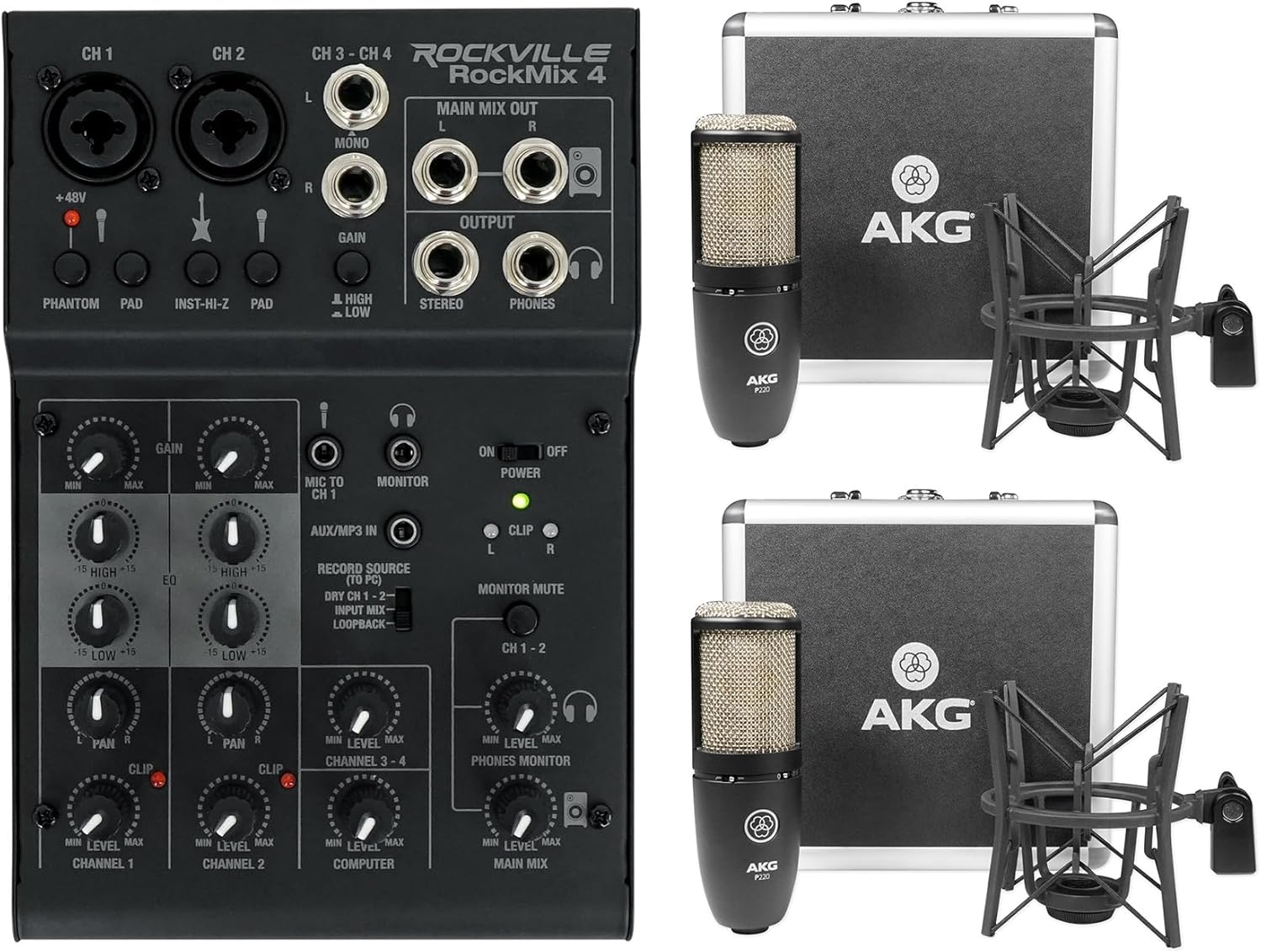 Audiosavings Bundle: (2) P220 Studio Condenser Microphone Recording Mic+Shockmount+Carry Case Bundle with Rockville RockMix 4 Channel Mic/Instrument Pro Recording Mixer+USB Interface/EQ (3 Items)