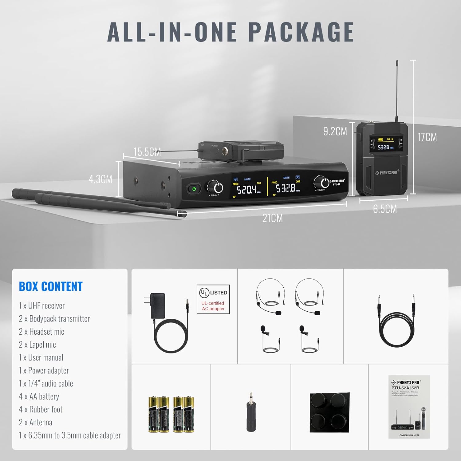 Phenyx Pro UHF Wireless Microphone System w/ 2x30 Tunable Frequencies, Metal Cordless Mic Set, 200 ft Range, 2 Bodypacks & Headsets/Lapel Mics for Speaking, Singing, Church, DJ (PTU-52-2B)