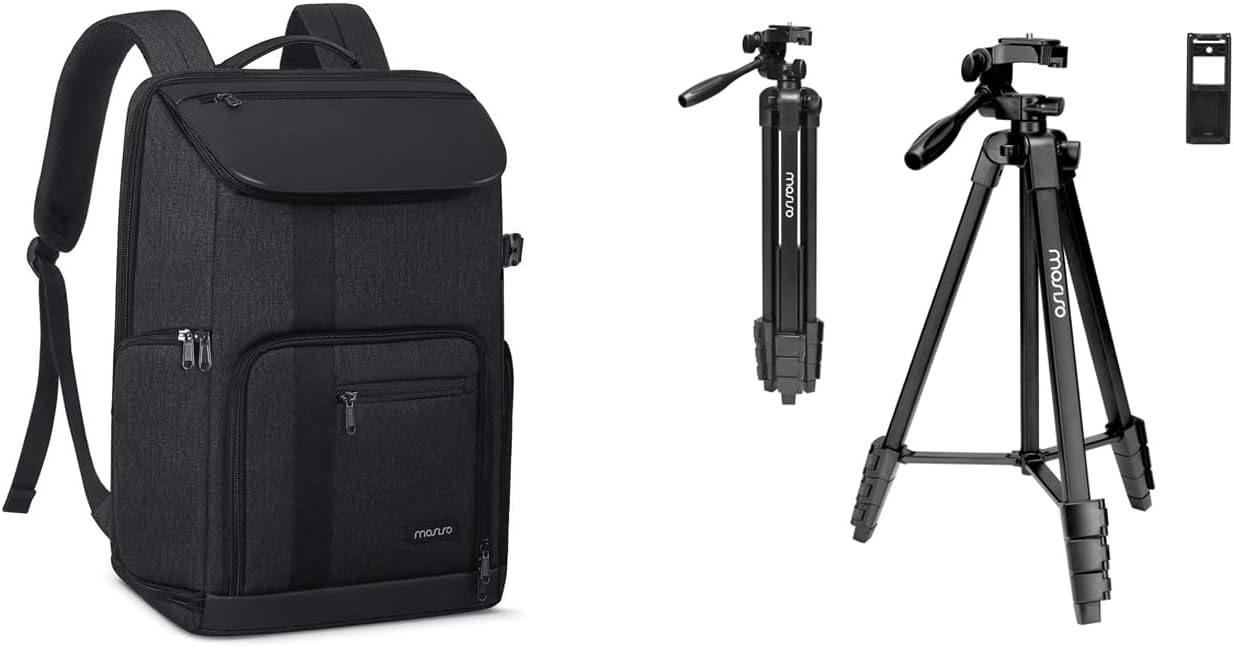 MOSISO 58 inch Camera Phone Tripod Stand with Tablet Phone Mount&Camera Backpack 17.3 inch, DSLR/SLR Large Photography Camera Bag with Laptop Compartment&Tripod Holder&Rain Cover, Space Gray&Black