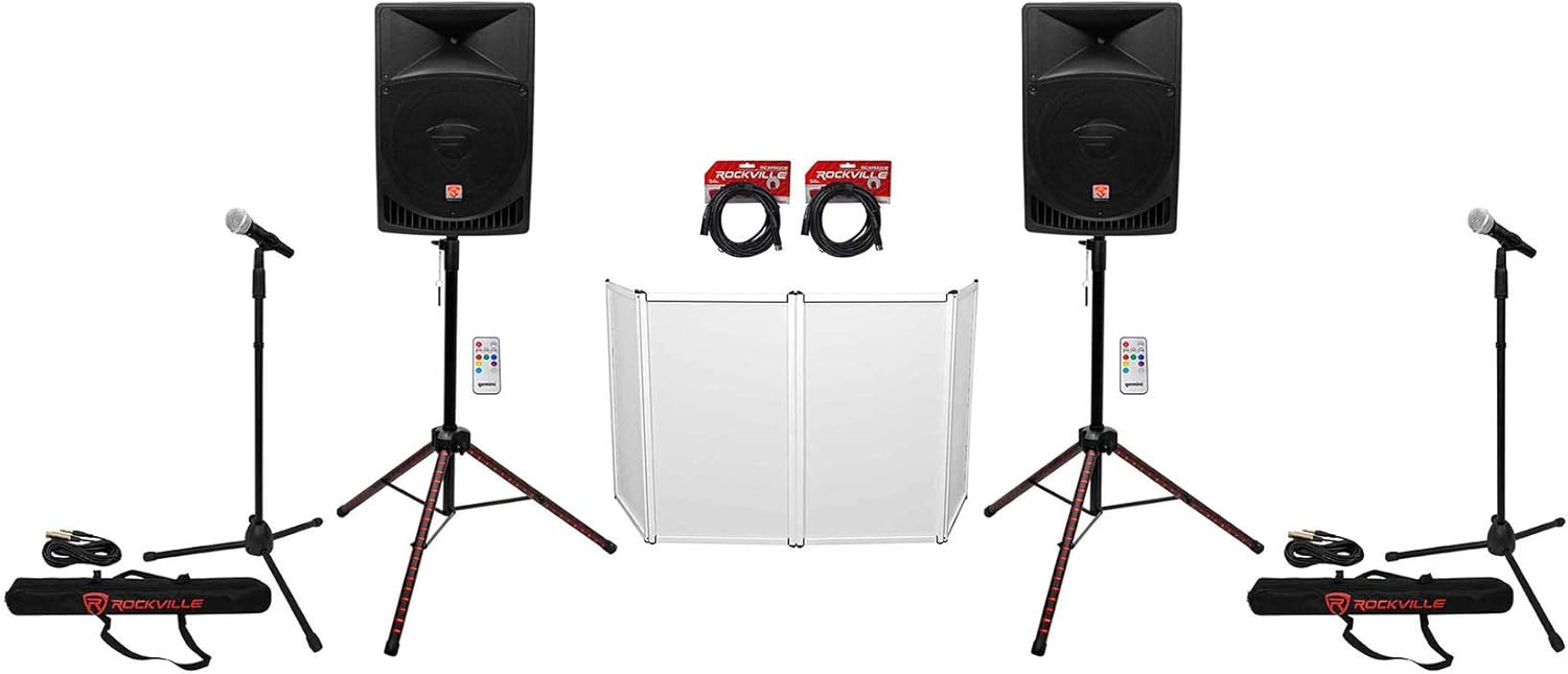 (2) Rockville RPG15 1,000W Speakers Bundle with Rockville RFAAW DJ Event Facade, (2) Rockville RCXFM20E-B Mic Cables, (2) Rockville Pro MIc Kit 1 Mic & 2 Rockville Party Stands Speaker (5 Items)