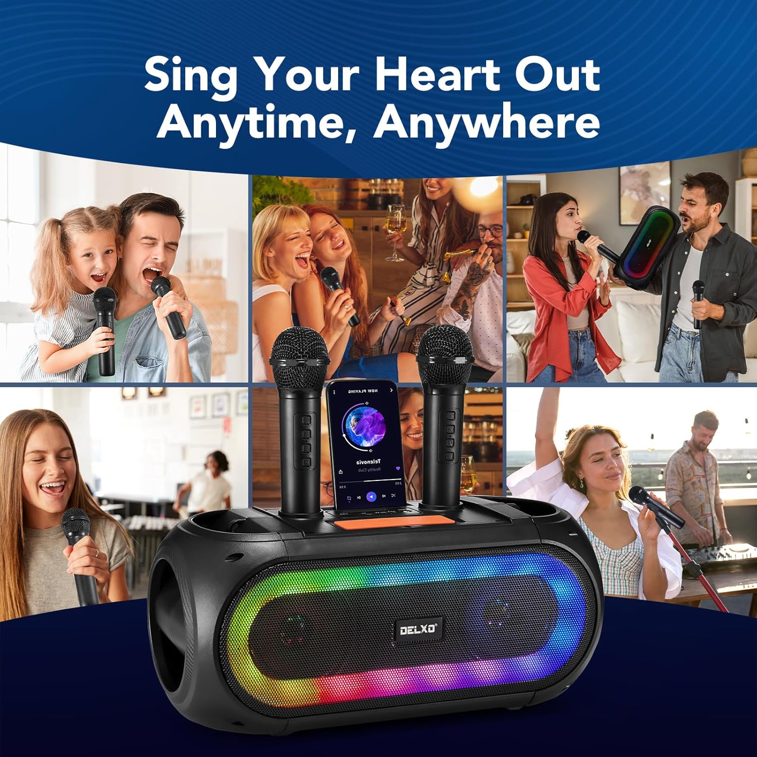 Delxo Karaoke Machine with 2 Wireless Microphones for Adult, Powerful Portable Bluetooth Speaker Loud for Party, PA System Remote Singing Machine with LED Lights, Support BT TWS USB TF, Gift