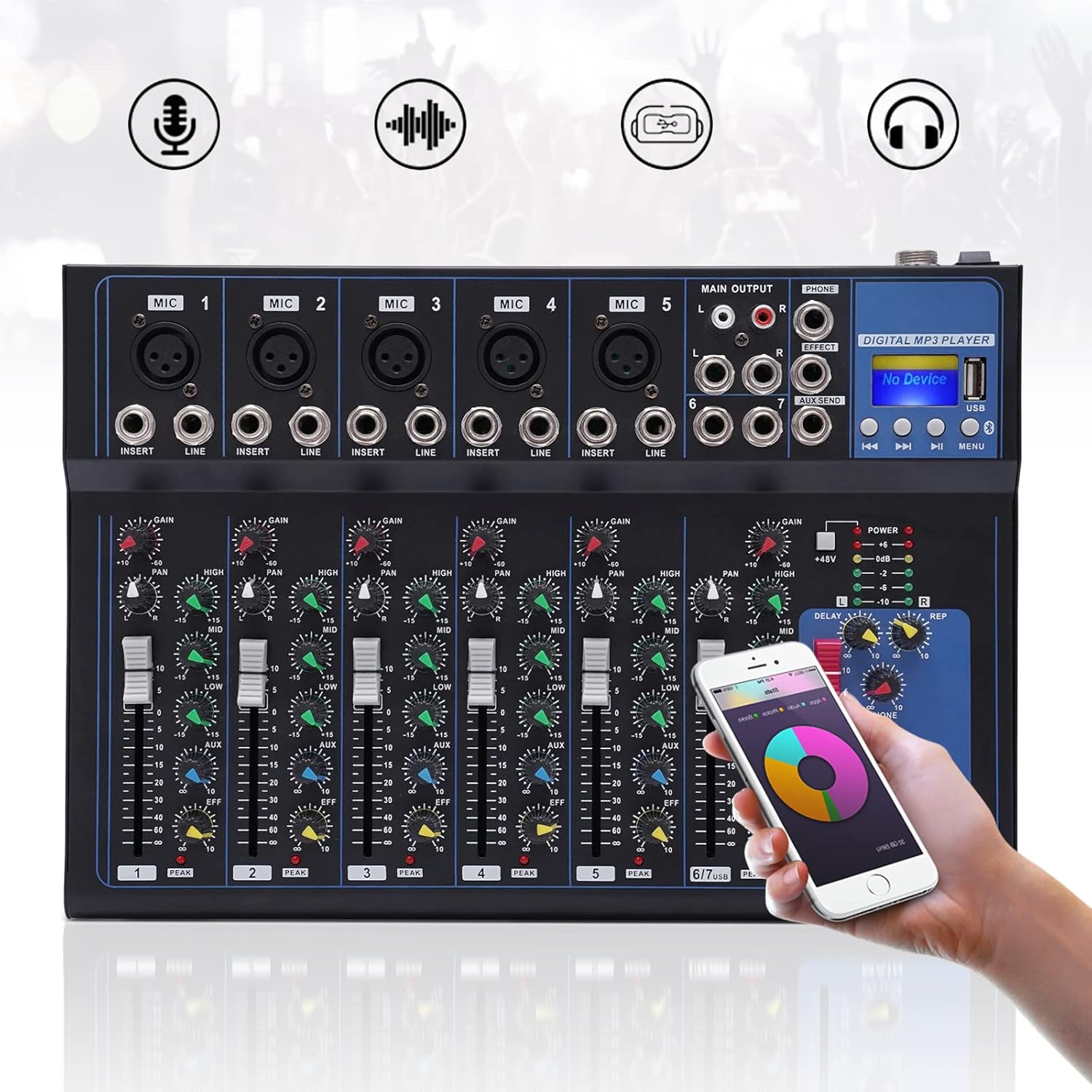 7 Channel Bluetooth Portable Audio Mixer w/USB DJ Sound Mixing Console MP3 Jack 48V Power for Computer Studio Recording 110V (7 Channel Mixer)