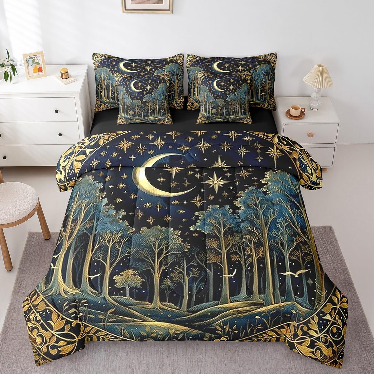 Erosebridal Vintage Moon Stars 7 Pcs Comforter Set Full Size Boho Bedding Set for Women Girls Modern Art Botanical Woodland Tree Sheet Set Bed in A Bag Abstract Mysterious Aesthetic Blue Gold Bed Set