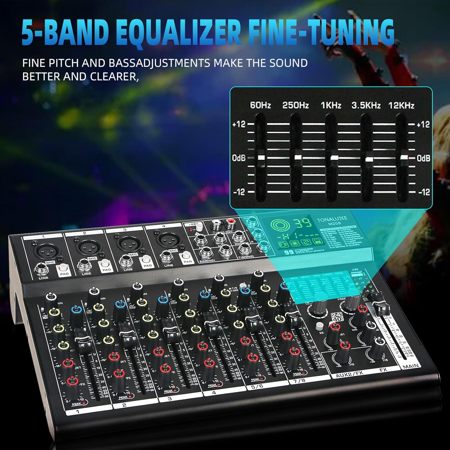 8 Channel Mixer Audio, Professional Music Sound PA Mixer DJ Mixing Board Console with 99 DSP Effects, 5-band EQ, Bluetooth, USB Interface, 48V Phantom Power for Recording Stage Karaoke