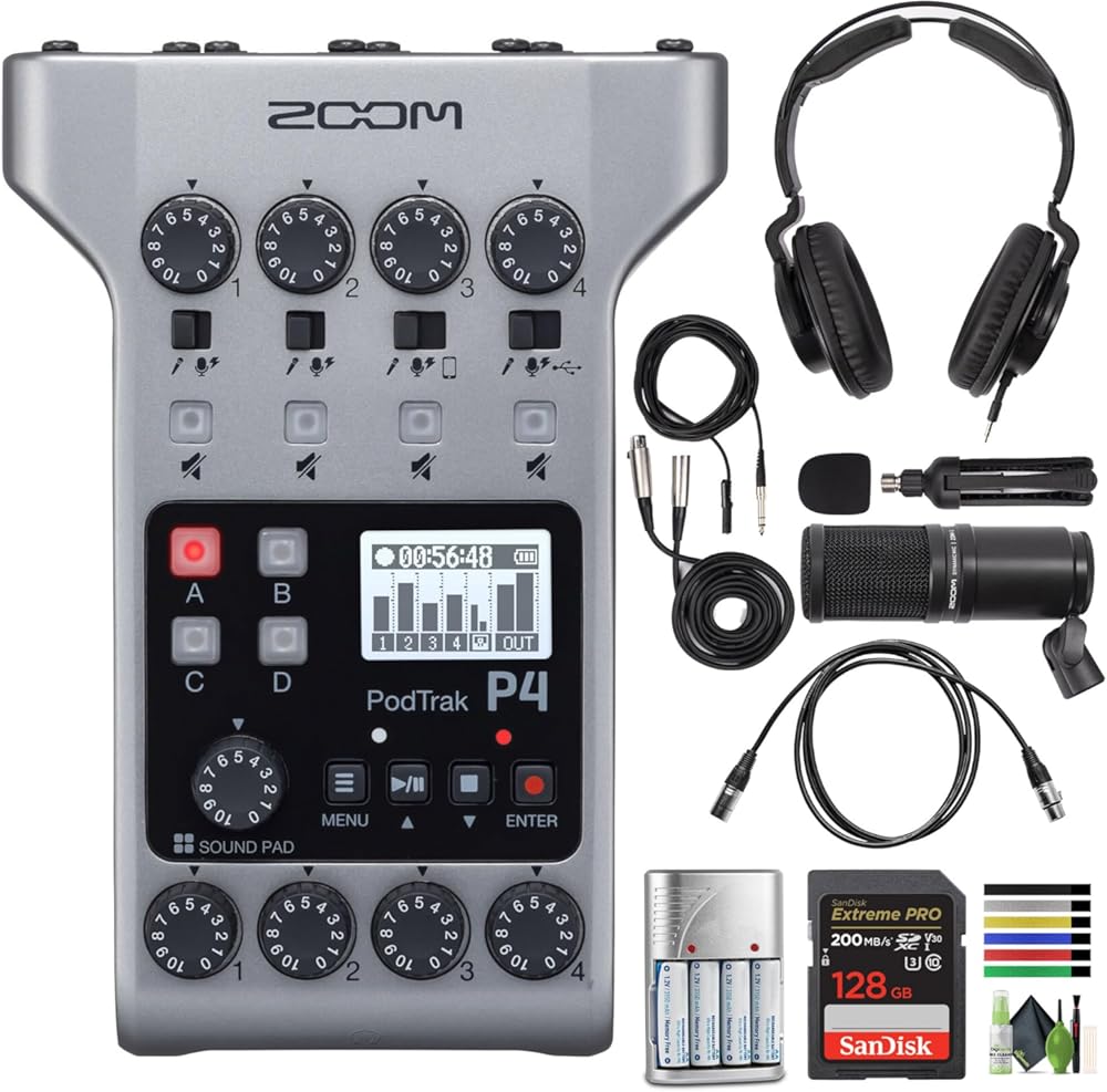 Zoom PodTrak P4 Portable Multitrack Podcast Recorder + 4X AA Batteries with Charger + 128GB Memory Card + XLR Female to Male Cable + Cleaning kit + ZDM-1 Podcast Mic Pack