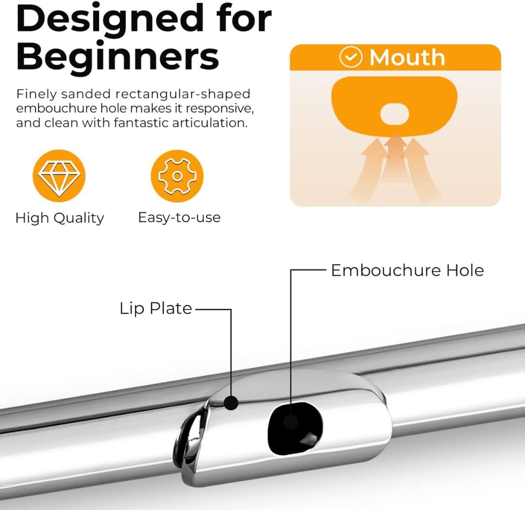 Nickel Plated Closed Hole Flute for Beginner Student and School Orchestra Band, 16 Keys C Flute with Carrying Case, Stand, Gloves, Cleaning Kit & Tuning Rod and More