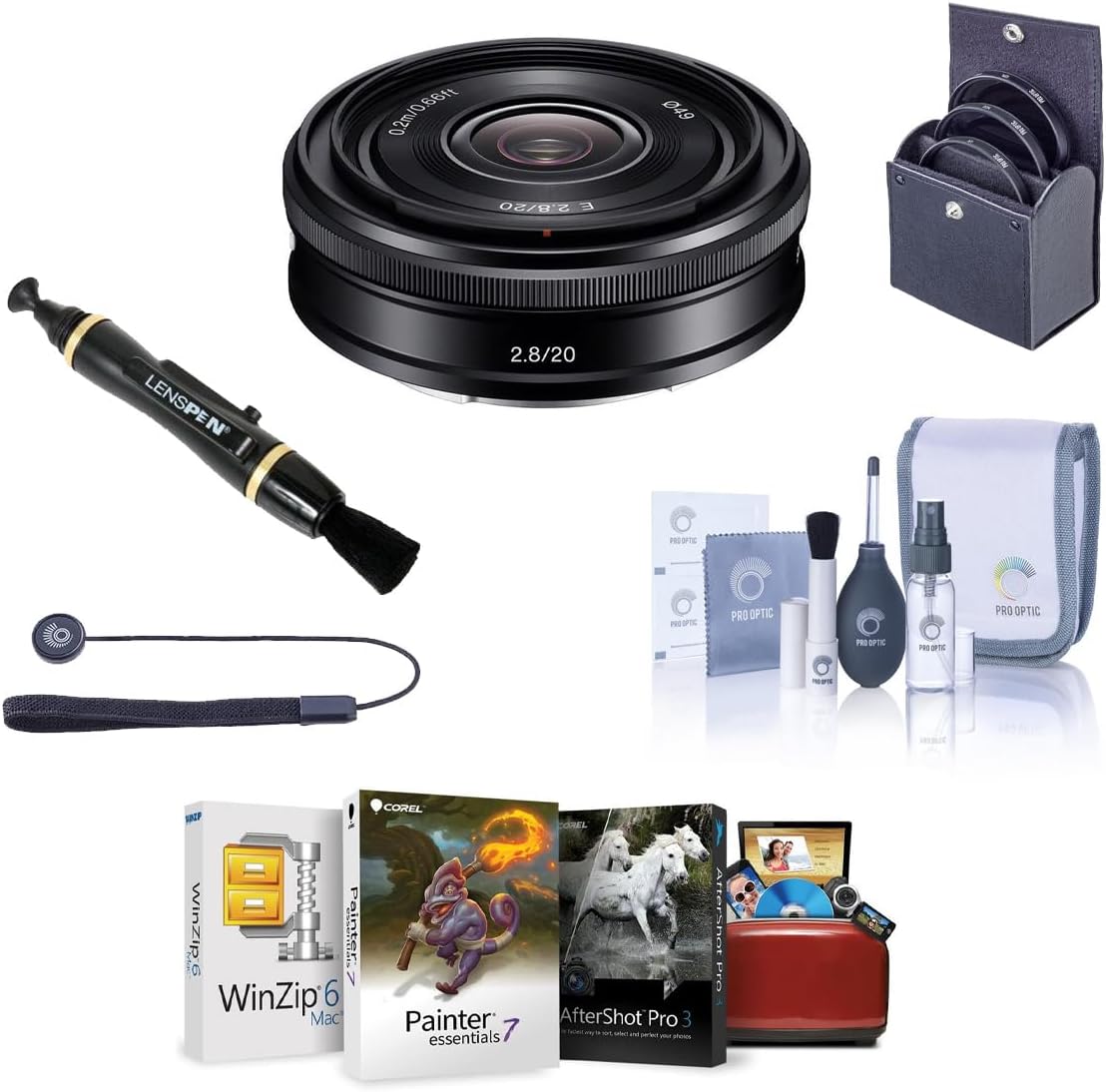 Sony E 20mm f/2.8 Lens for Sony E, Black, Bundle with 49mm Filter Kit, Lens Cleaner, Cleaning Kit, Lens Cap Tether, Mac Software Kit