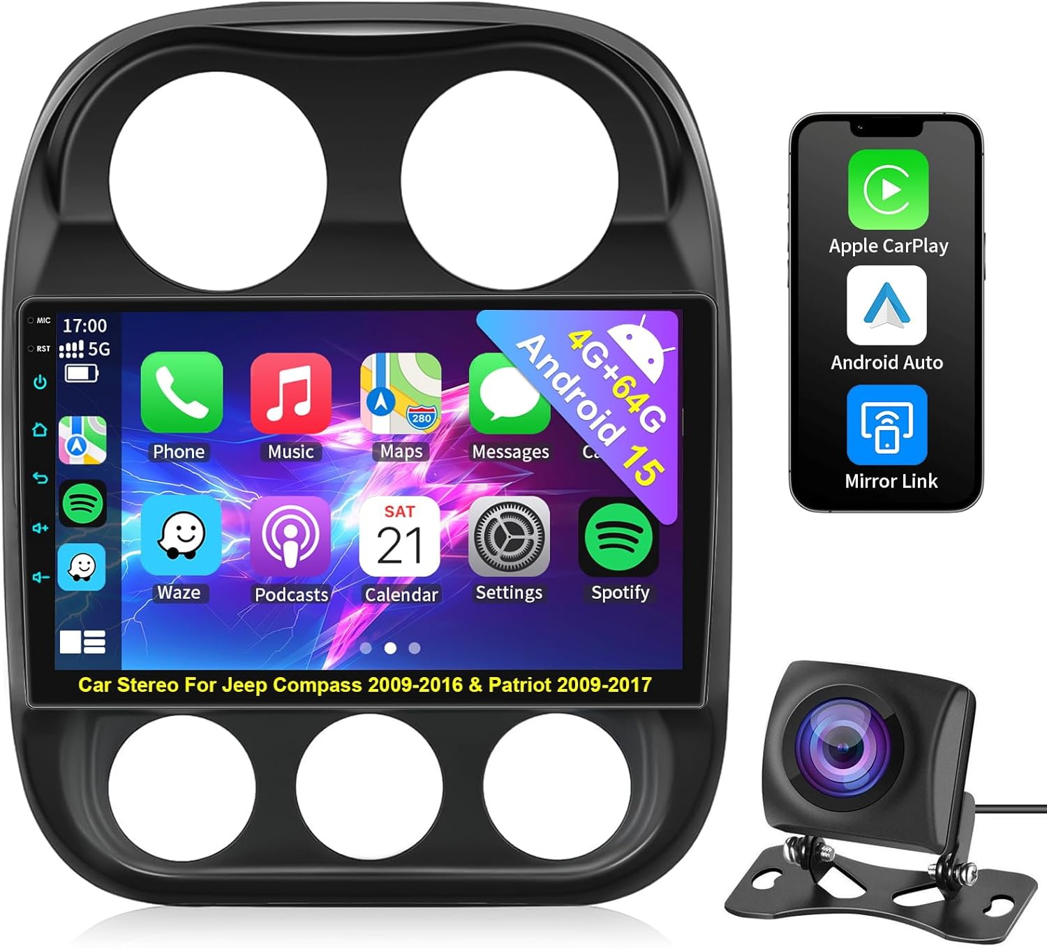 Plug & Play Car Stereo Radio for Jeep Compass 2009-2016/Patriot 2009-2017 Android15 OS 4+64G Support Wireless Carplay & Android Auto 10.1'' Touchscreen GPS Compass Stereo WiFi Bluetooth Patriot Radio