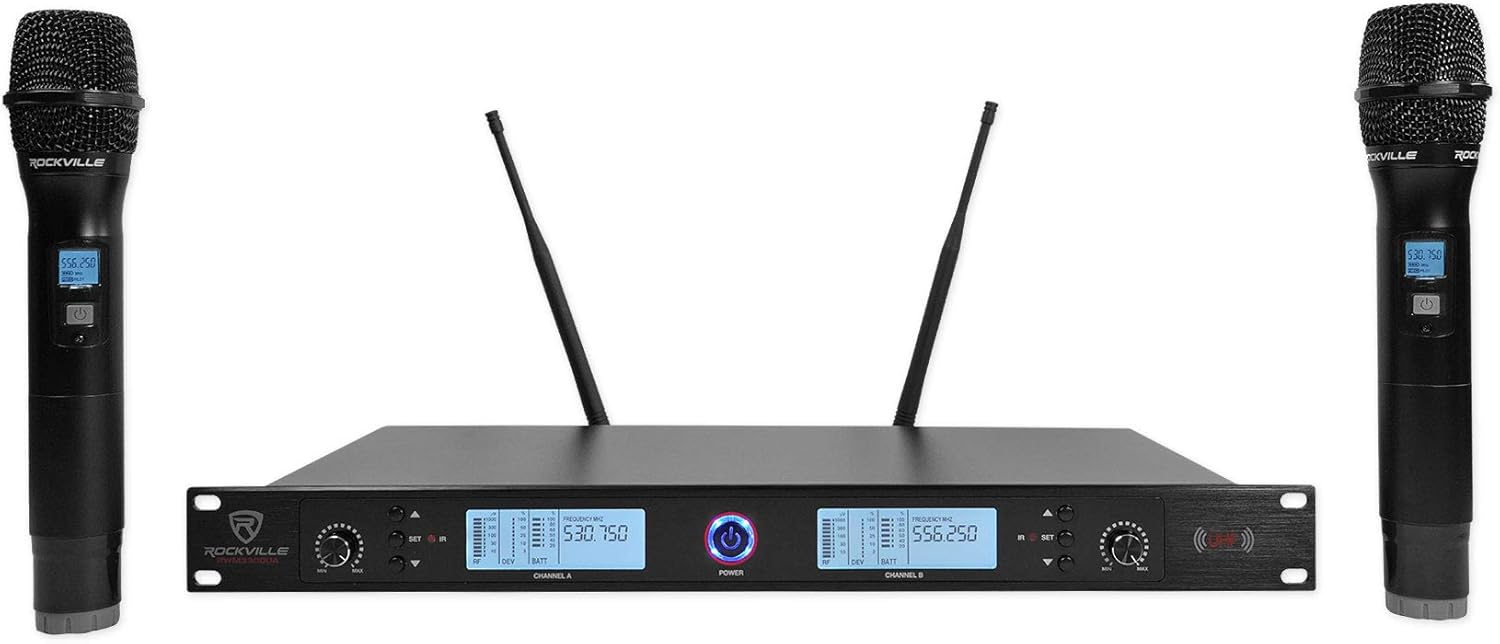 Rockville RWM3300UA 200 Channel UHF Wireless Dual HandHeld Microphone Mic System, Clear Sound, Durable Build, Long Range, Ideal for Events