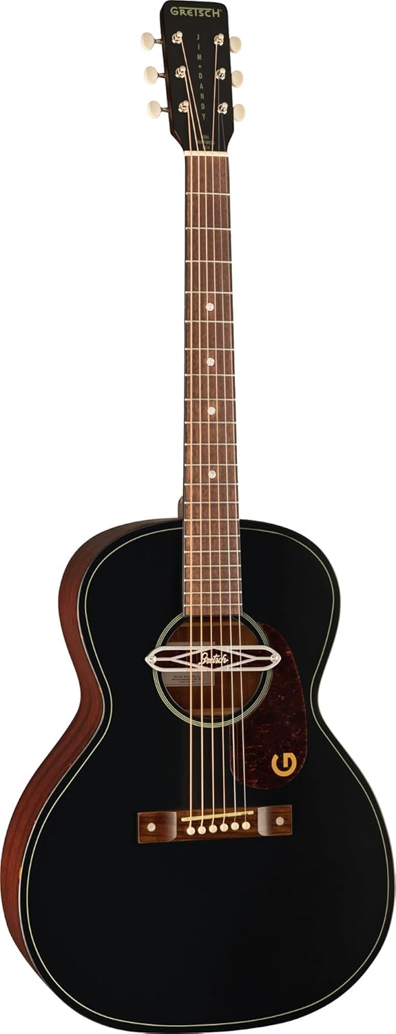 Gretsch Jim Dandy Deltoluxe Concert Acoustic-Electric Guitar - Black Top Bundle with Strings, Strap, Picks, String Winder, and Austin Bazaar Polishing Cloth