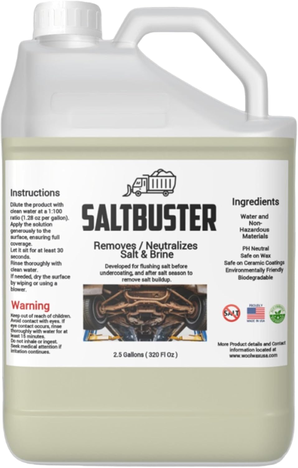 woolwax 2.5 Gallon SALTBUSTER Road Salt Remover/Neutralizer for Auto & Trucks, Concentrated PH Neutral Formula, 2.5 Gallon concentrate makes 250 Gallons