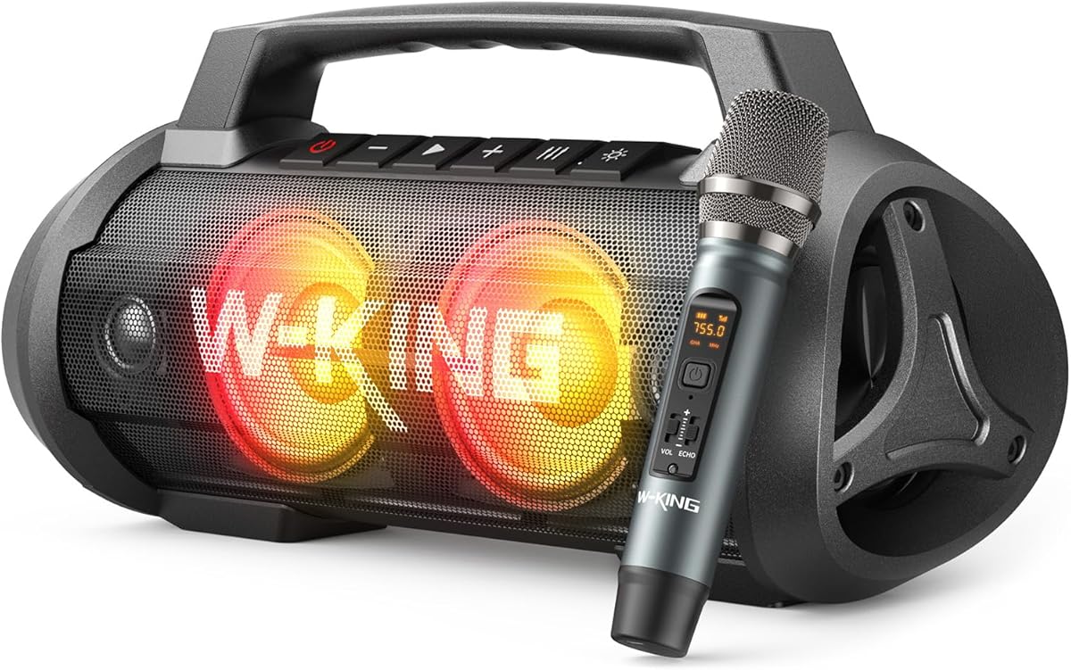W-KING Portable Bluetooth Speaker with Wireless Microphone, 120W Peak 70W RMS Waterproof Speakers with Subwoofer Outdoor Speakers Bluetooth Boombox/42H/Bass Up/DSP/AUX/Stereo Pairing
