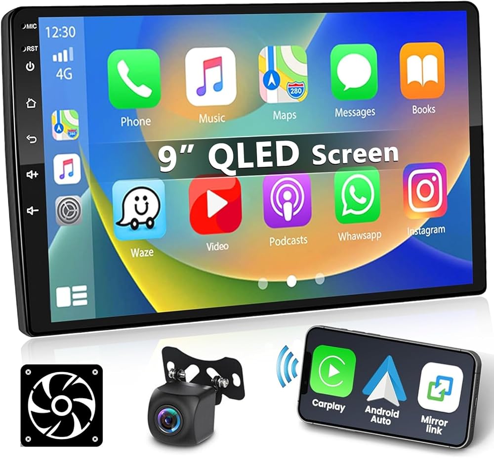 Car Stereo with Wireless Apple Carplay Android Auto, 4 Core 4+64G Double Din QLED Touch Screen Car Audio Bluetooth GPS WiFi Mirrror Link FM RDS +Mic Backup Cam (9INCH 4+64G) (9inch 4+64G QLED Fan)