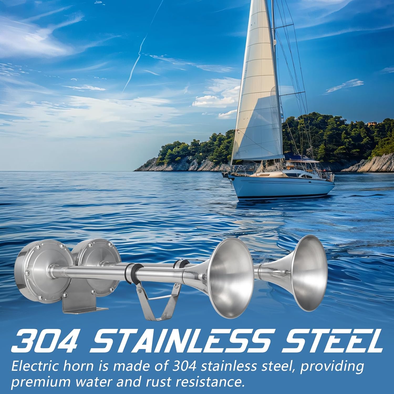 FARBIN Boat Horn 12V Waterproof Stainless Steel Trumpet Marine Horn,Electric Boat Horn for Boats Ship Sailboat Yacht Off-Road Vehicle Truck SUV RV Vans Touring Car (Stainless steel Double Tube)