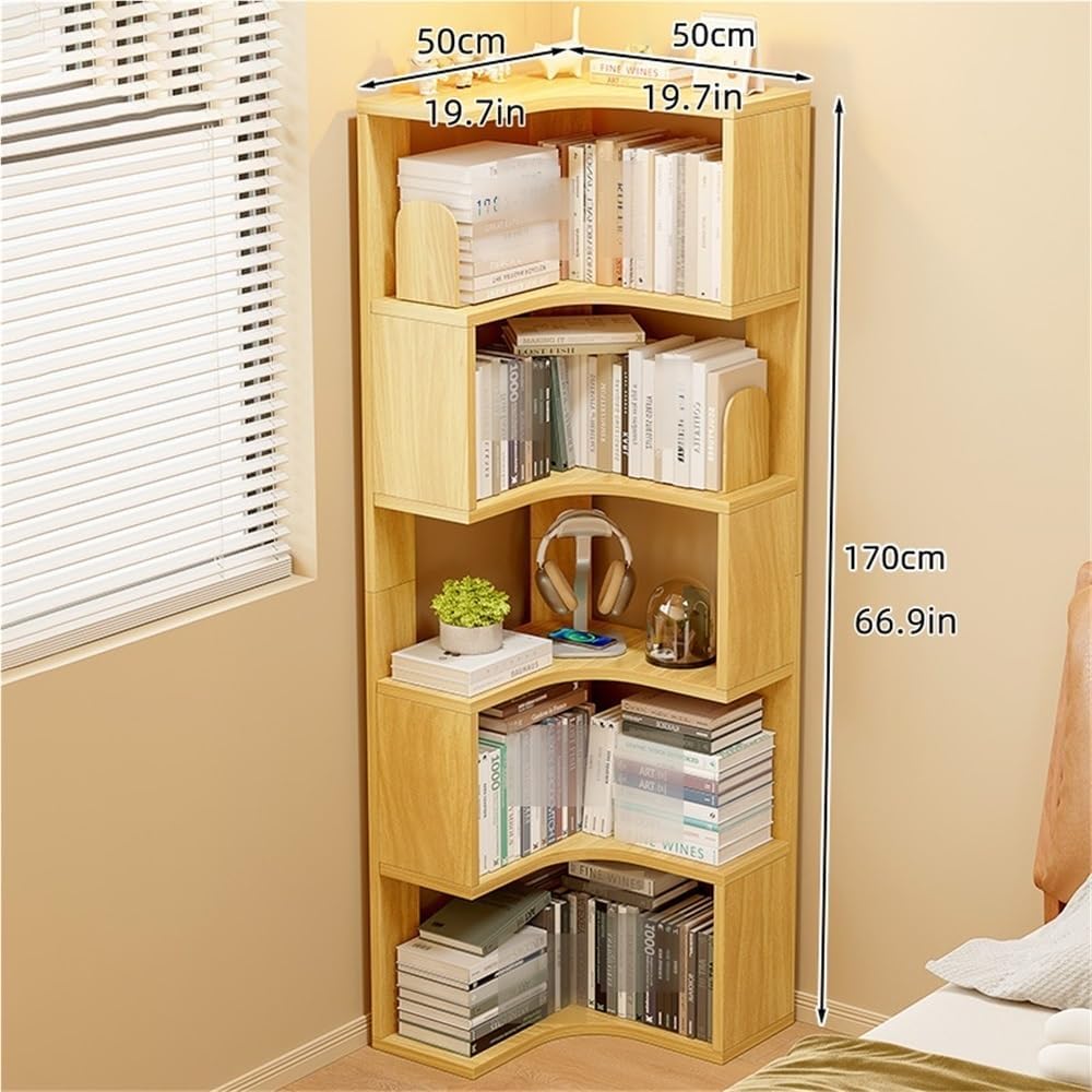 5-Tier Corner Bookshelf Wall Mount, Wood Floating Shelves, Open Shelf Bookcase, Corner Cabinet for Living Room, Bedroom, and Office, Easy to Assemble(Light Brown)