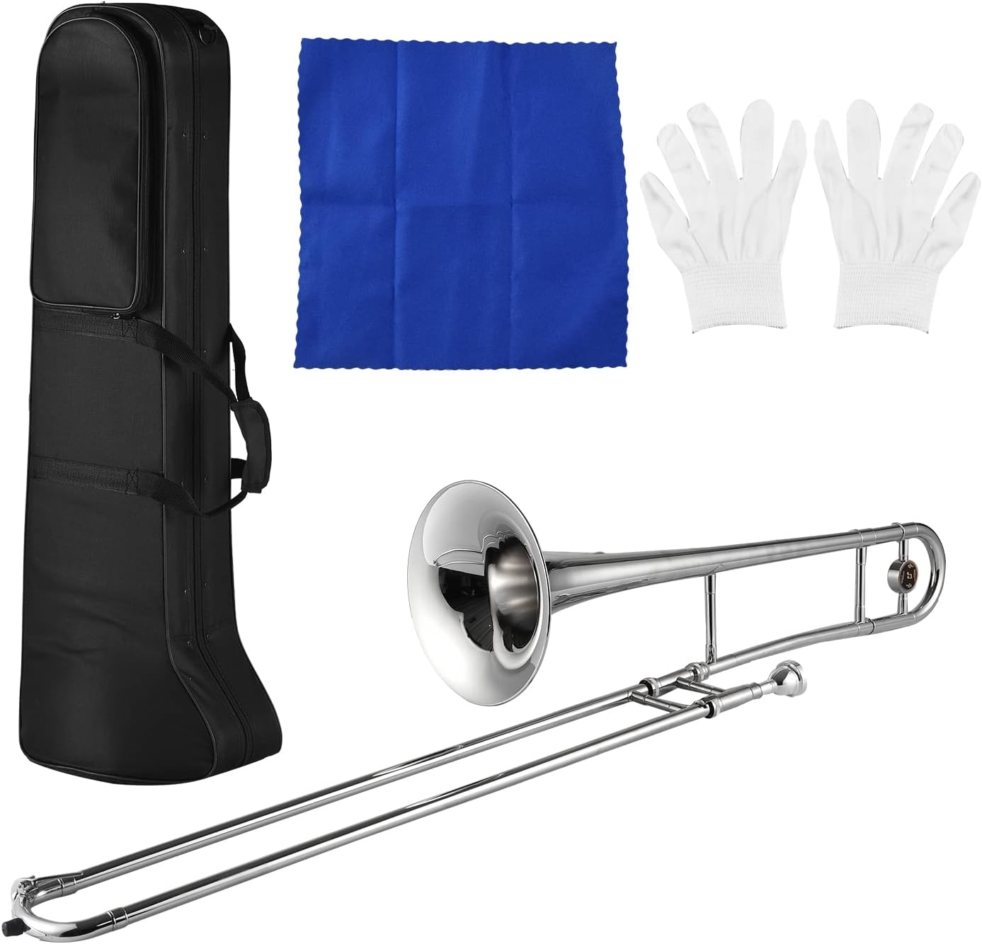 Silver Alto Trombone Brass Bb Tone B Flat Wind Instrument with Cupronickel Mouthpiece Cleaning Stick Case