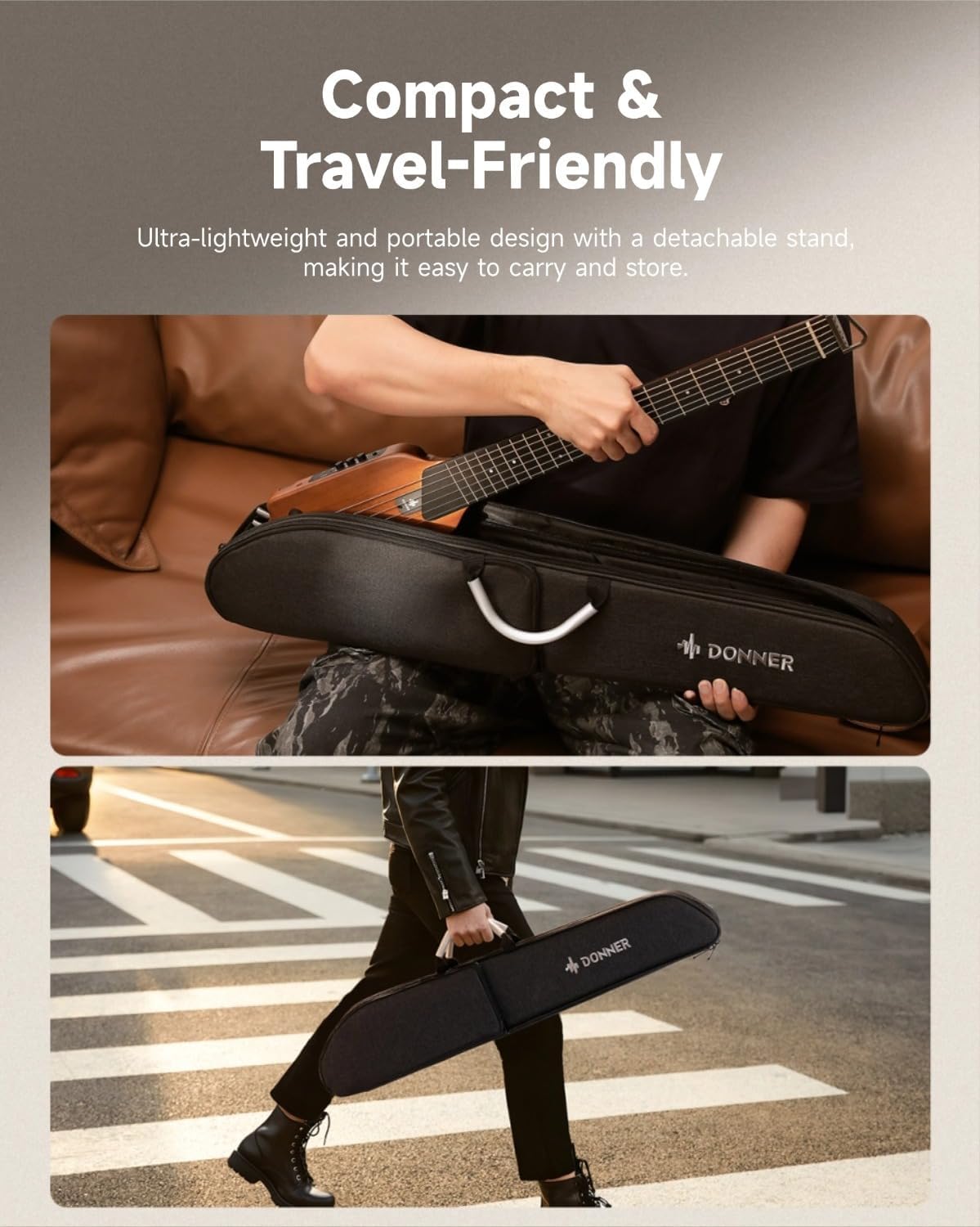 Donner HUSH I Guitar For Travel - Portable Ultra-Light and Quiet Performance Headless Acoustic-Electric Guitar, Mahogany Body with Removable Frames, Gig Bag,and Accessories