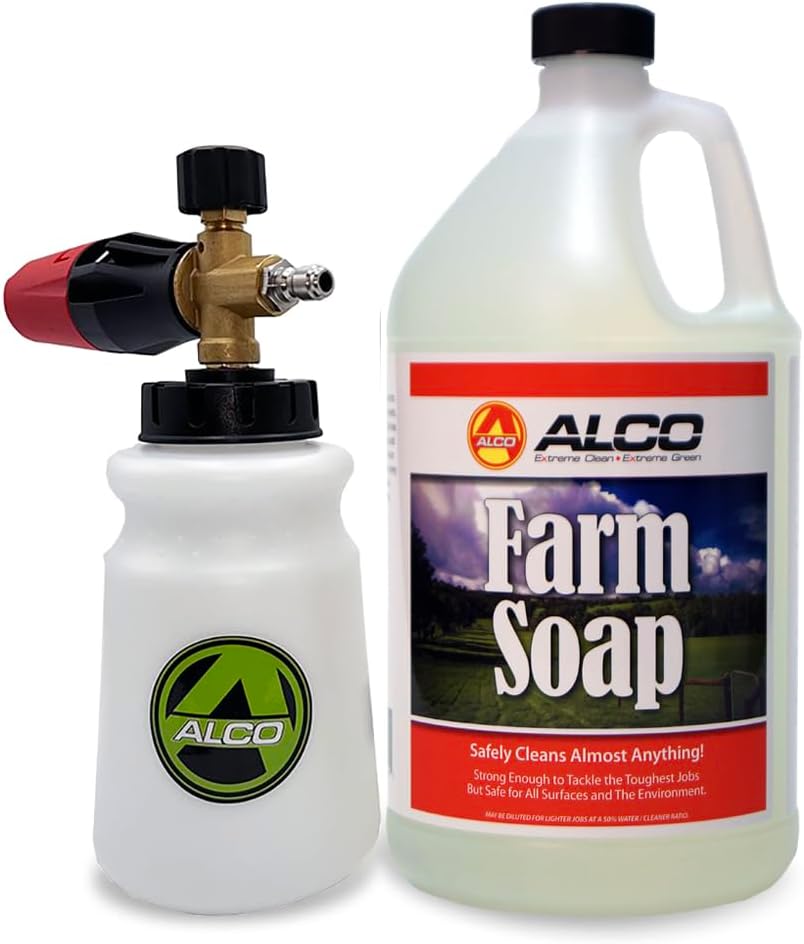 ALCO Cleaners Farm Soap 1 Gallon Jug with Premium 32 oz Foam Cannon Bundle