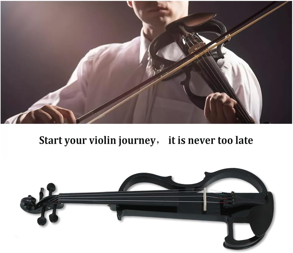 4/4 Full Size Electric Violin – Silent Electric Violin with Headphone Jack, Ebony Fittings – Includes Case, Bow, – Ideal for Practice & Performance (Black)