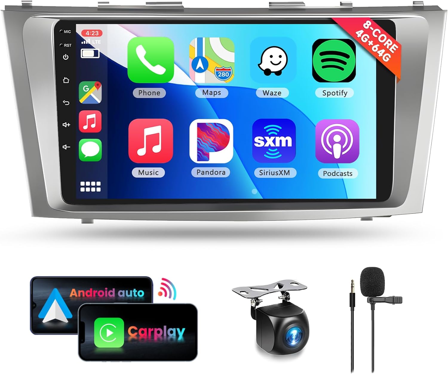 8 CORE 4G+64G Car Radio for Toyota Camry 2006-2011 with Wireless CarPlay/Android Auto, Podofo 9 Inch 1280 * 720P IPS Touch Screen Stereo Android 13 GP