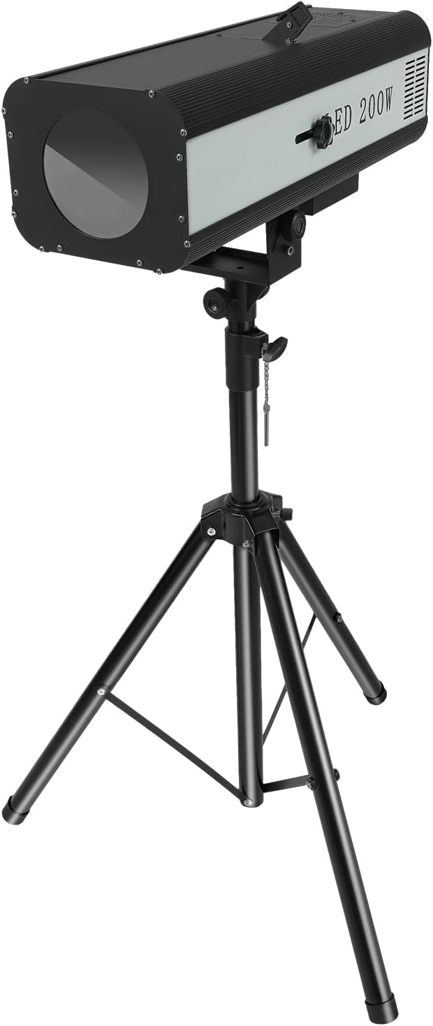 200W Manual Follow Spot Light, Stage Spotlight with Tripod Bracket LED Light Monotonic Focalization Follow Spotlight, Black DJ Lights Theater Spotlight for Outdoor Parties Bars Weddings
