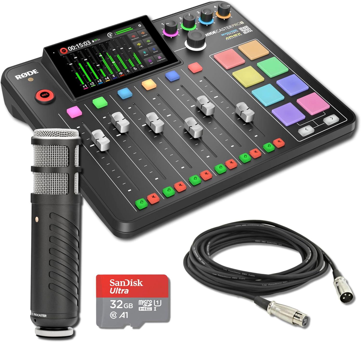 Rode RODECaster Pro II Integrated Audio Production Console with Rode Procaster Broadcast Dynamic Microphone, 32GB microSD Card, XLR Cables and StreamEye Polishing Cloth