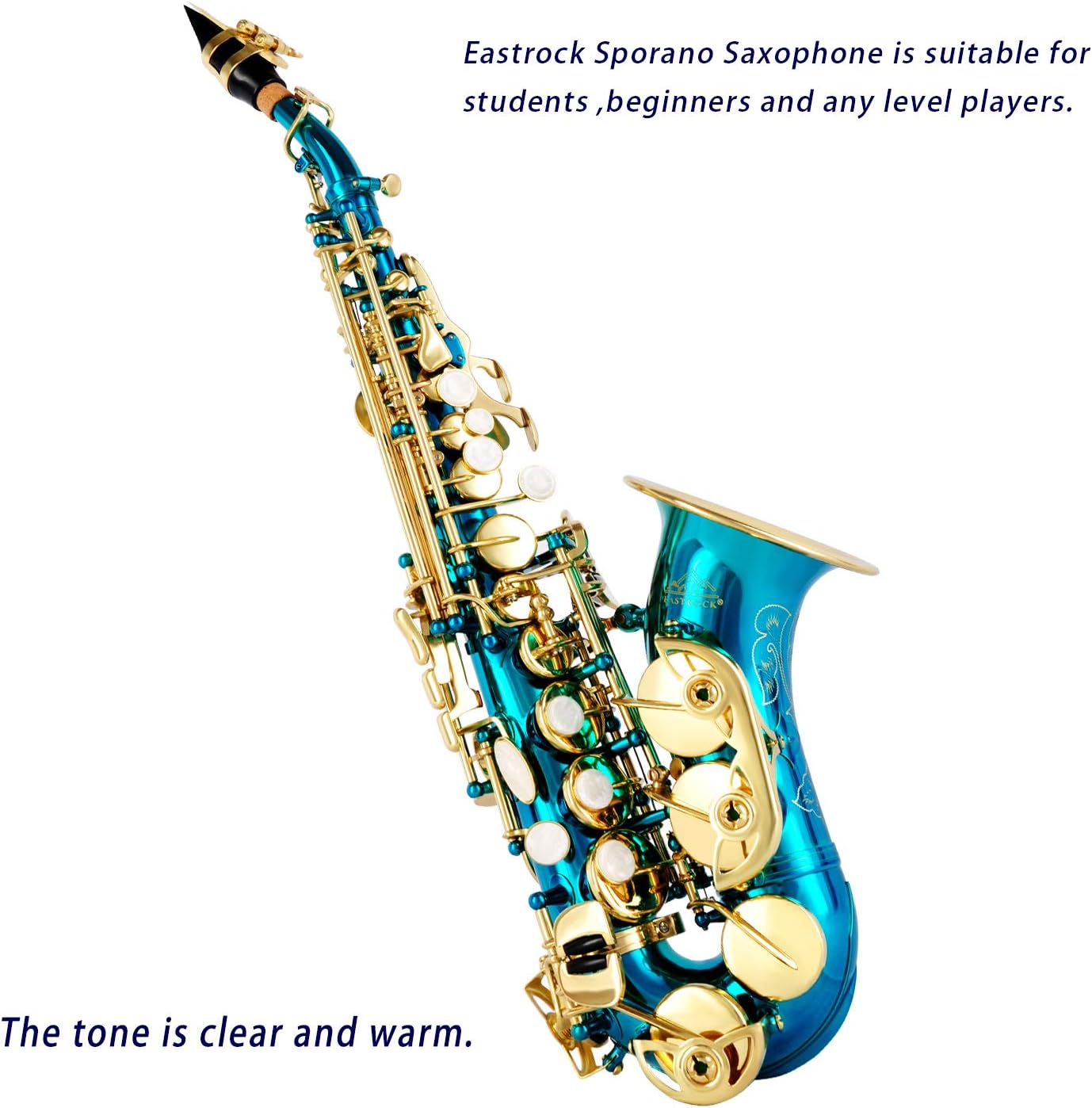 EASTROCK Soprano Saxophone Curved Bb Flat blue Sax Instruments for Beginners Intermediate Players with Carrying Case,Mouthpiece,Pads,Reed,Cleaning kit,neck Strap,White Gloves