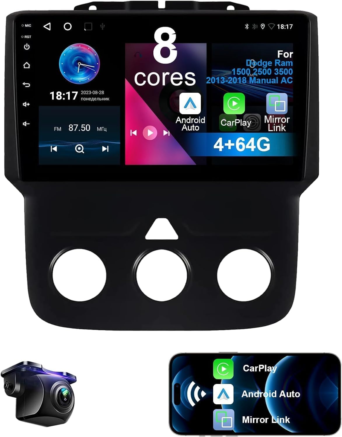 8 Core 4+64G Car Radio for Dodge Ram 1500 2500 3500 2013-2018 Manual AC with Wireless CarPlay Android Auto, 9