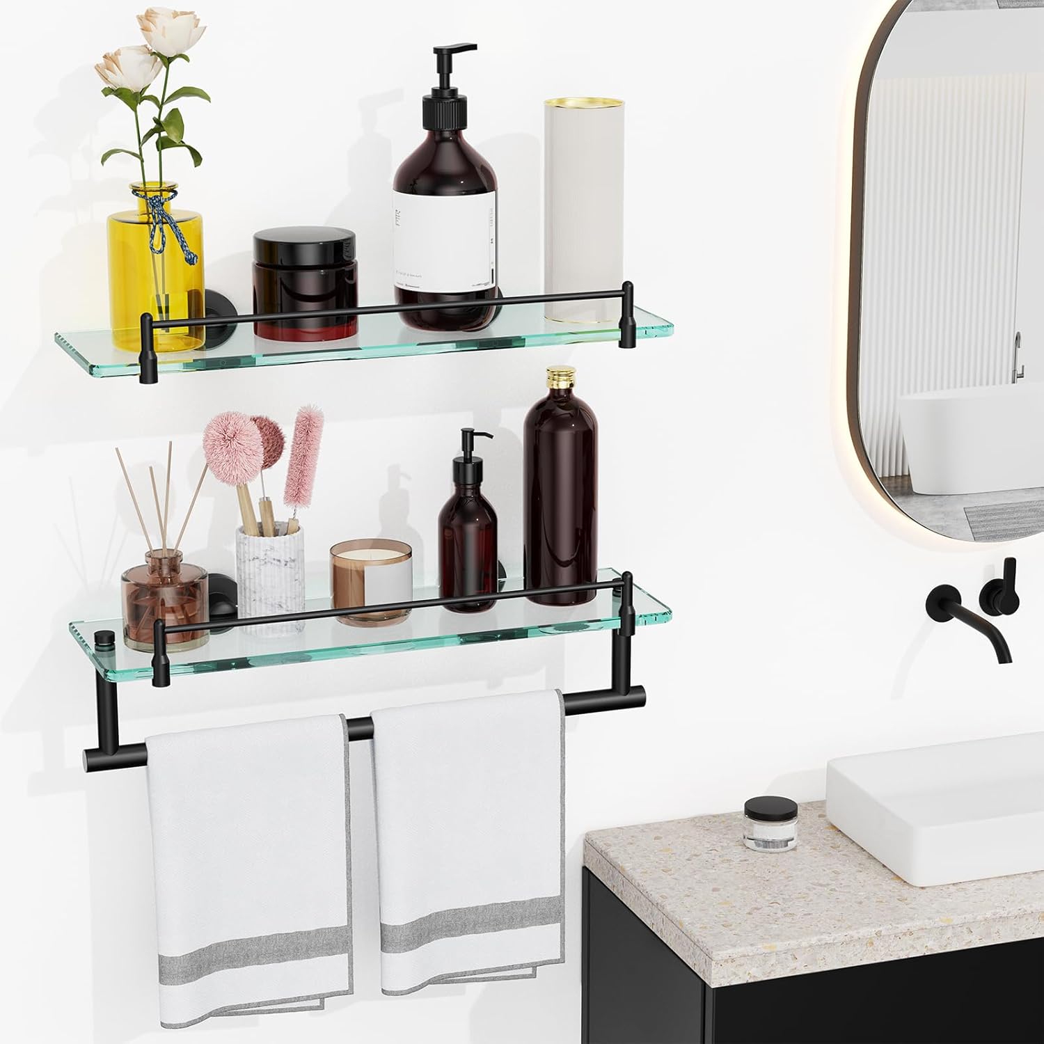 Bathroom Shelf Glass Shelf 2 Pack,16-Inches Floating Glass Shelves Towel Bar/Track(Matte Black)