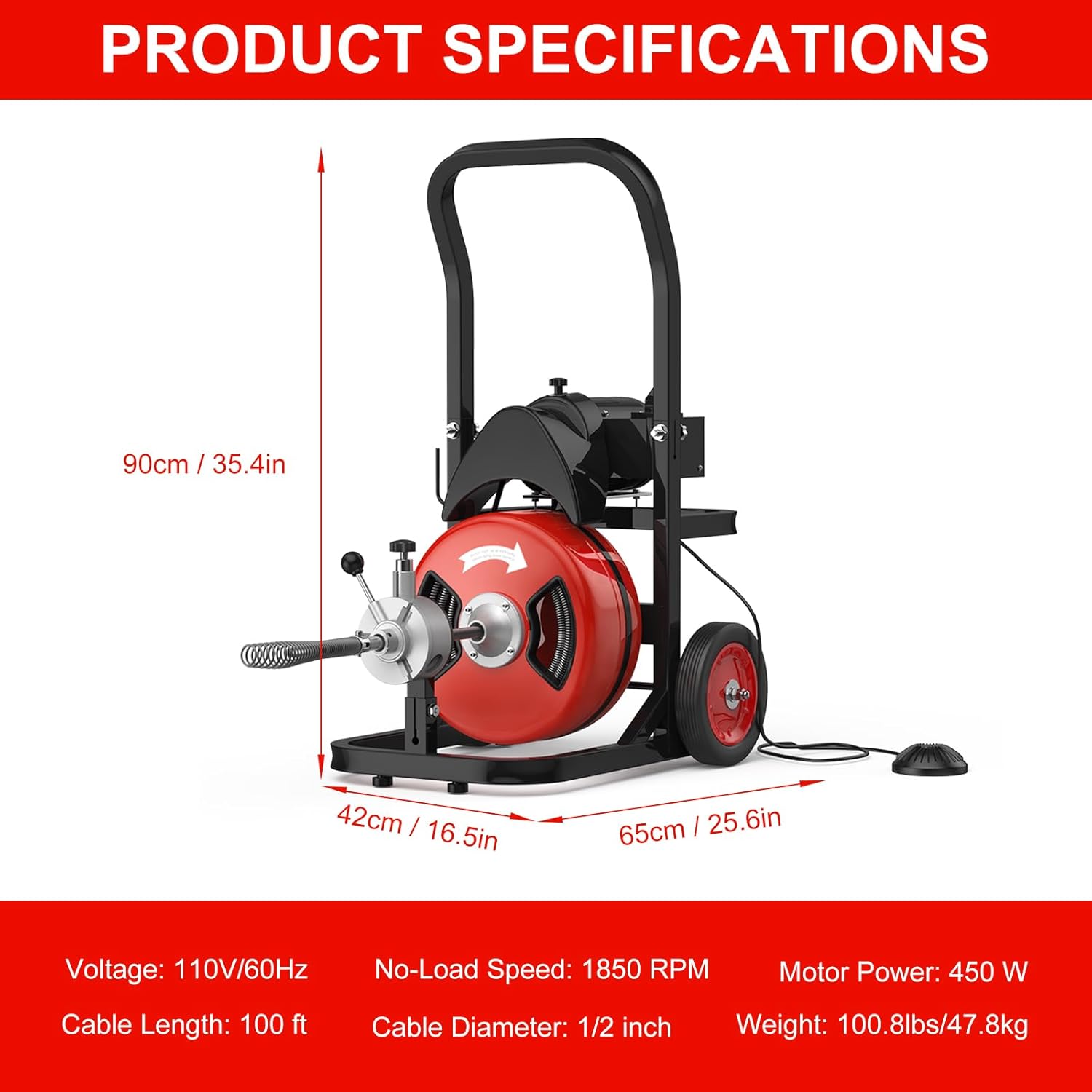 Drain Cleaner Machine, 100FT x 1/2 Inches Auto Feed Sewer Snake Auger, Sewer Snake with 4 Cutters and Pneumatic Foot Switch, for 2