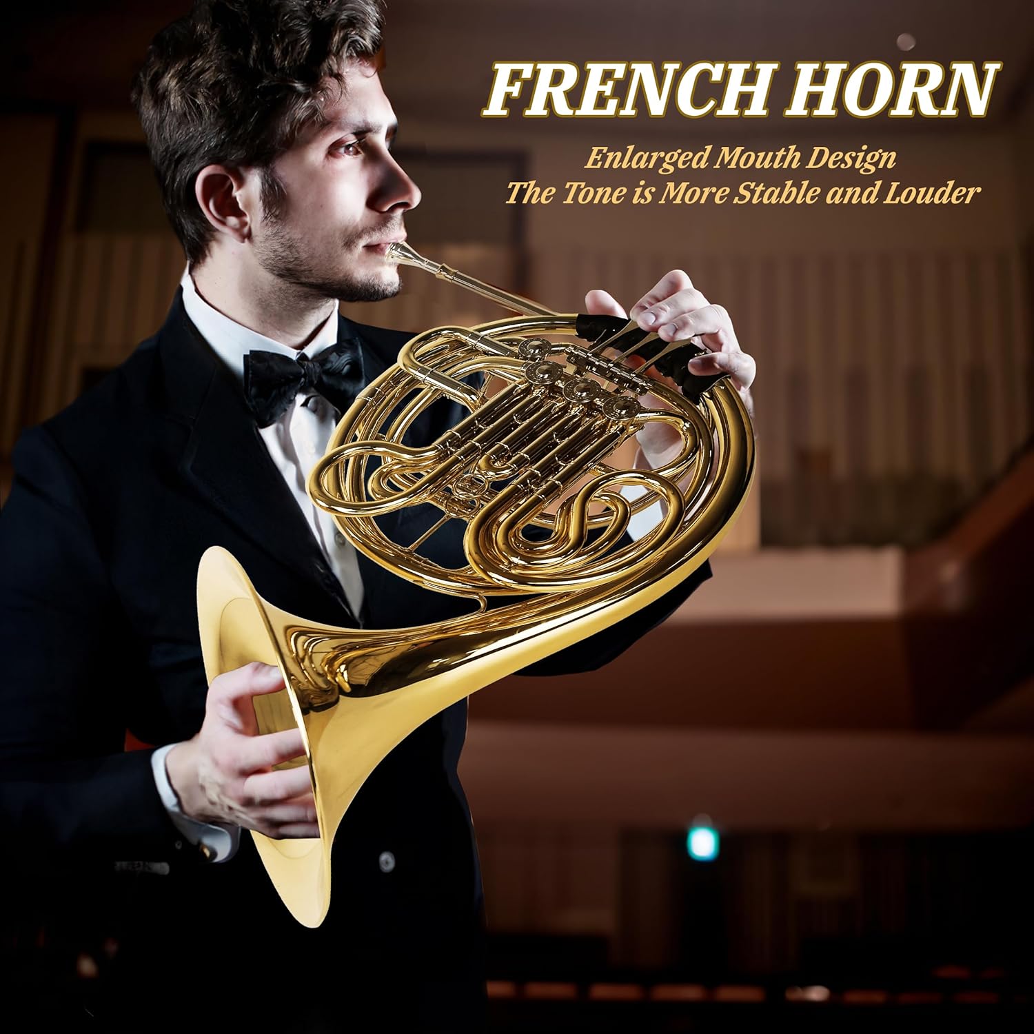Double French horn F/Bb 4 keys, French horn lacquered gold, comes with case, mouthpiece, gloves, cleaning cloth, brush