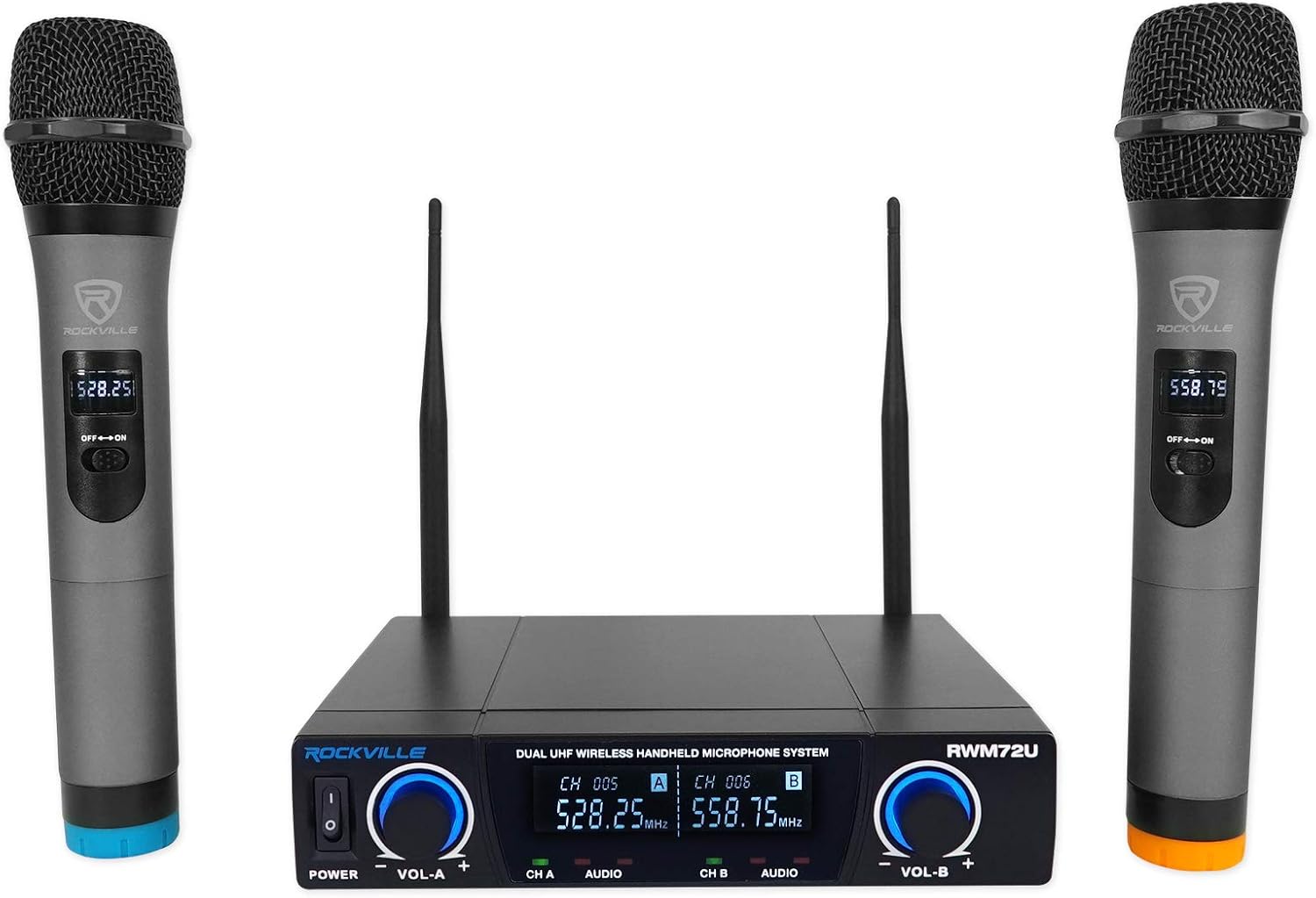 Rockville RWM72U Dual UHF Wireless Handheld Microphone System, Digital Display, Long Range, Noise Filter, for Karaoke and Live Performances