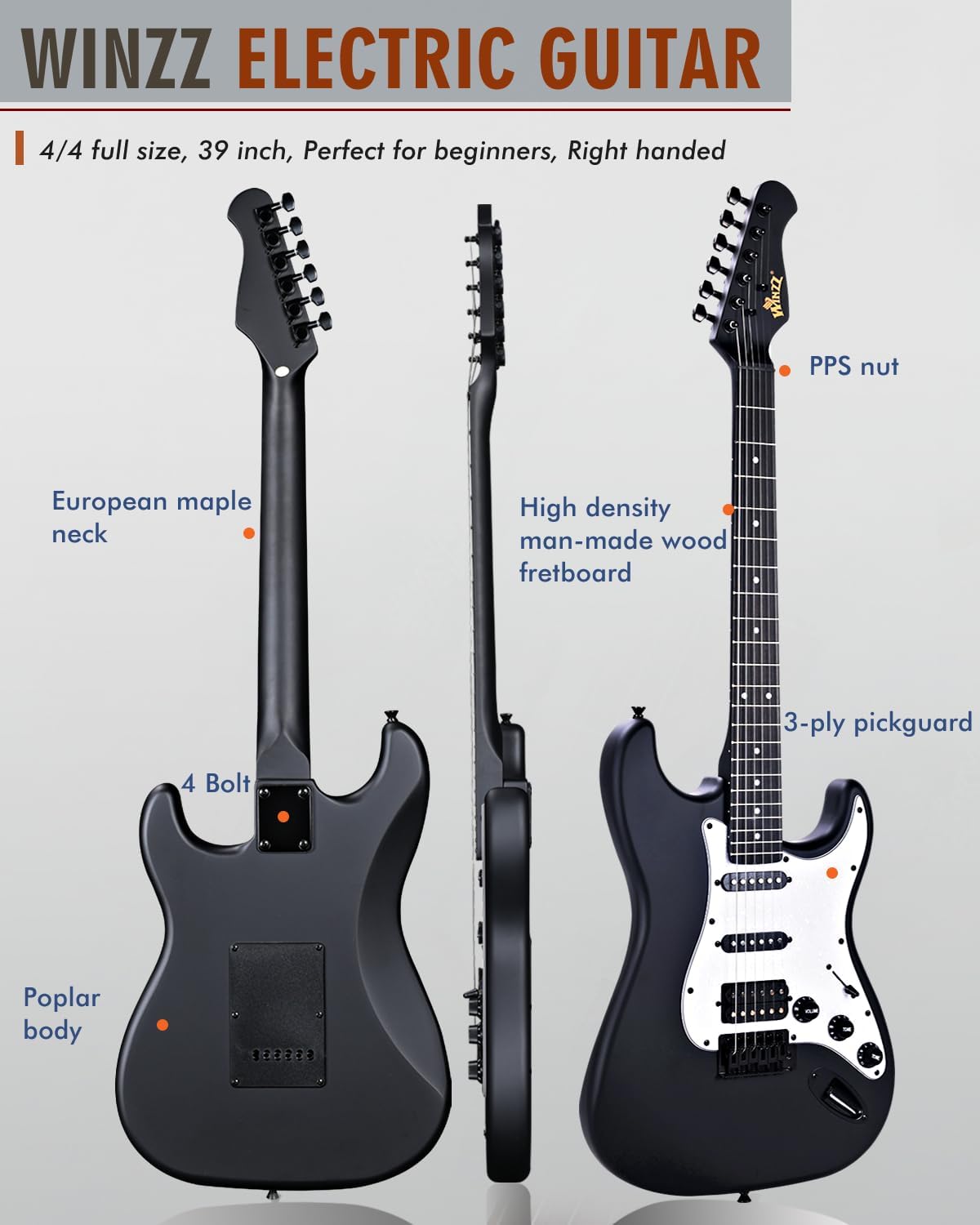 Winzz Adult Electric Guitar 4/4 Full Size, HSS Pickup, Guitar Electric ST for Beginners Starter Pack with 12 Accessories, Ideal Kids Electric Guitar Kit 12+ Years (39