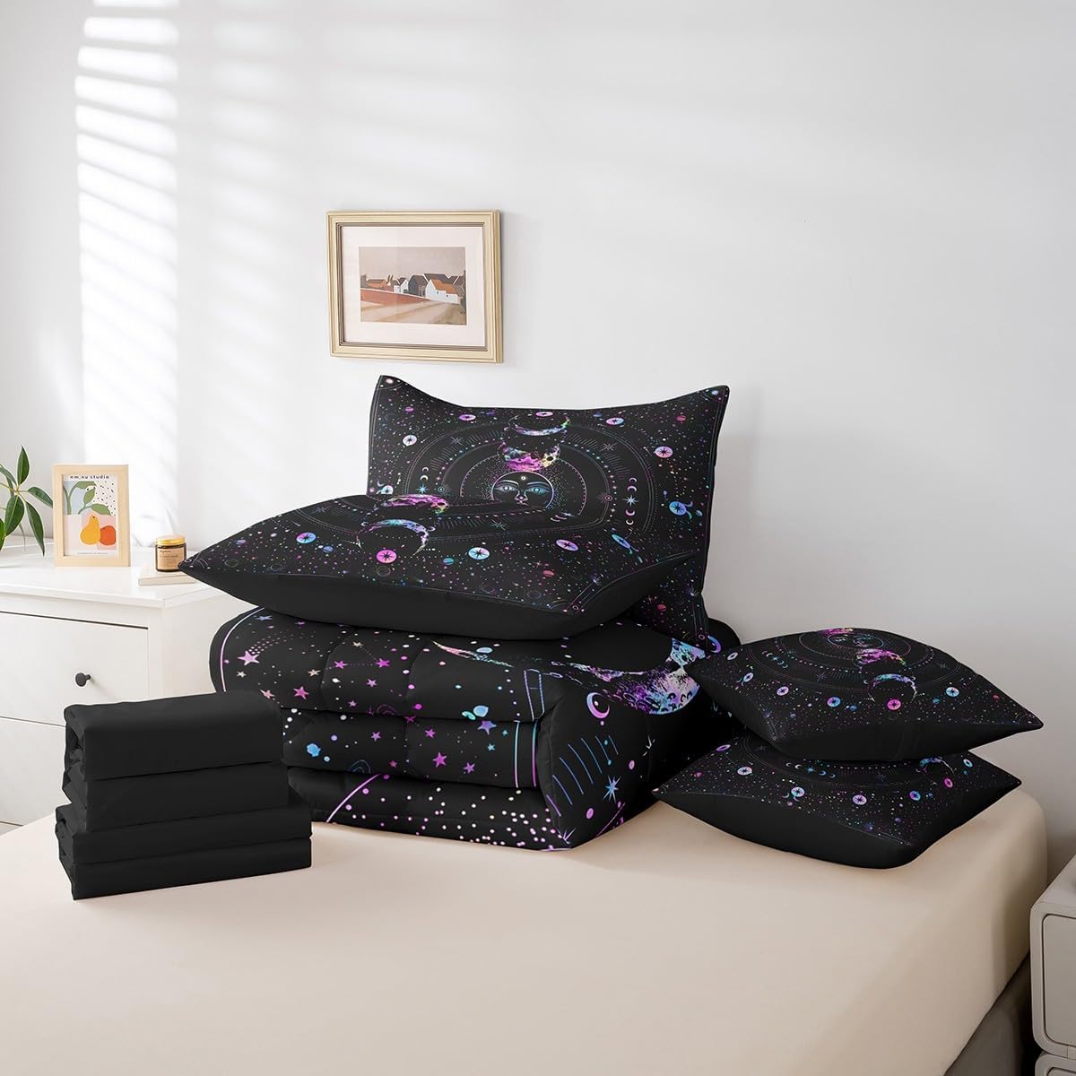 Manfei 7 Pieces Sun Moon Comforter Set Queen, Stars Space Psychedelic Bed Set for Kids Girls, Boho Sun Moon Black Bedding(1 Comforter,1 Fitted Sheet,2 Flat Sheet,2 Pillowcases,2 Throw Pillow Cover)
