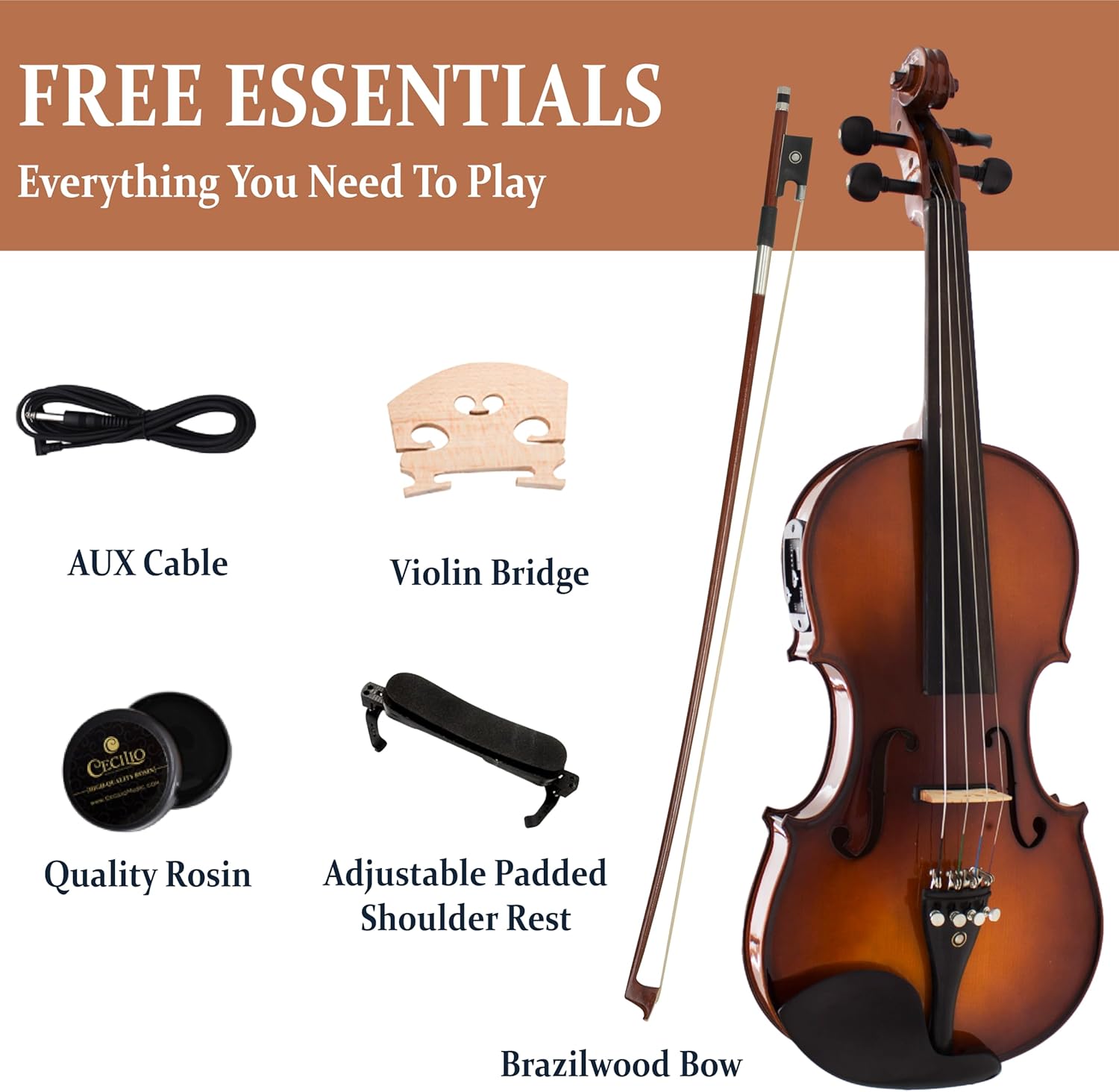 Cecilio 4/4 Full Size Acoustic & Electric Violin for Beginners & Professionals, Hand-Carved Solid Spruce Top, Ebony Fine Tuners, Full Set with Case, Bow, Rosin & AUX Cable (Metallic Black)