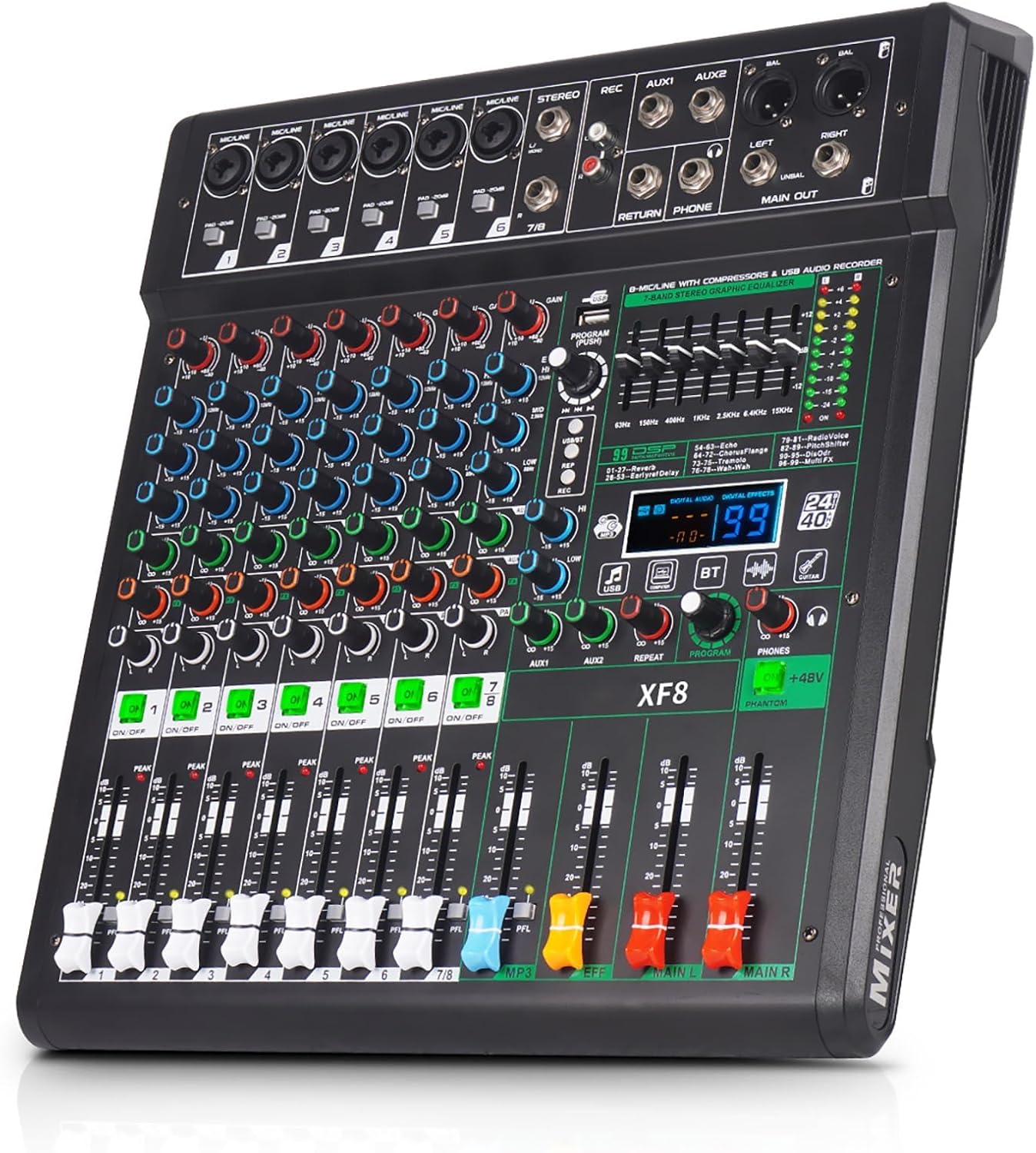 XF8 Professional Audio Mixer Sound Board Console Desktop System Interface 8 Channel Digital USB Bluetooth MP3 Computer Input 48V Phantom Power Supply Built-in 99 Reverb Effect (XF8)