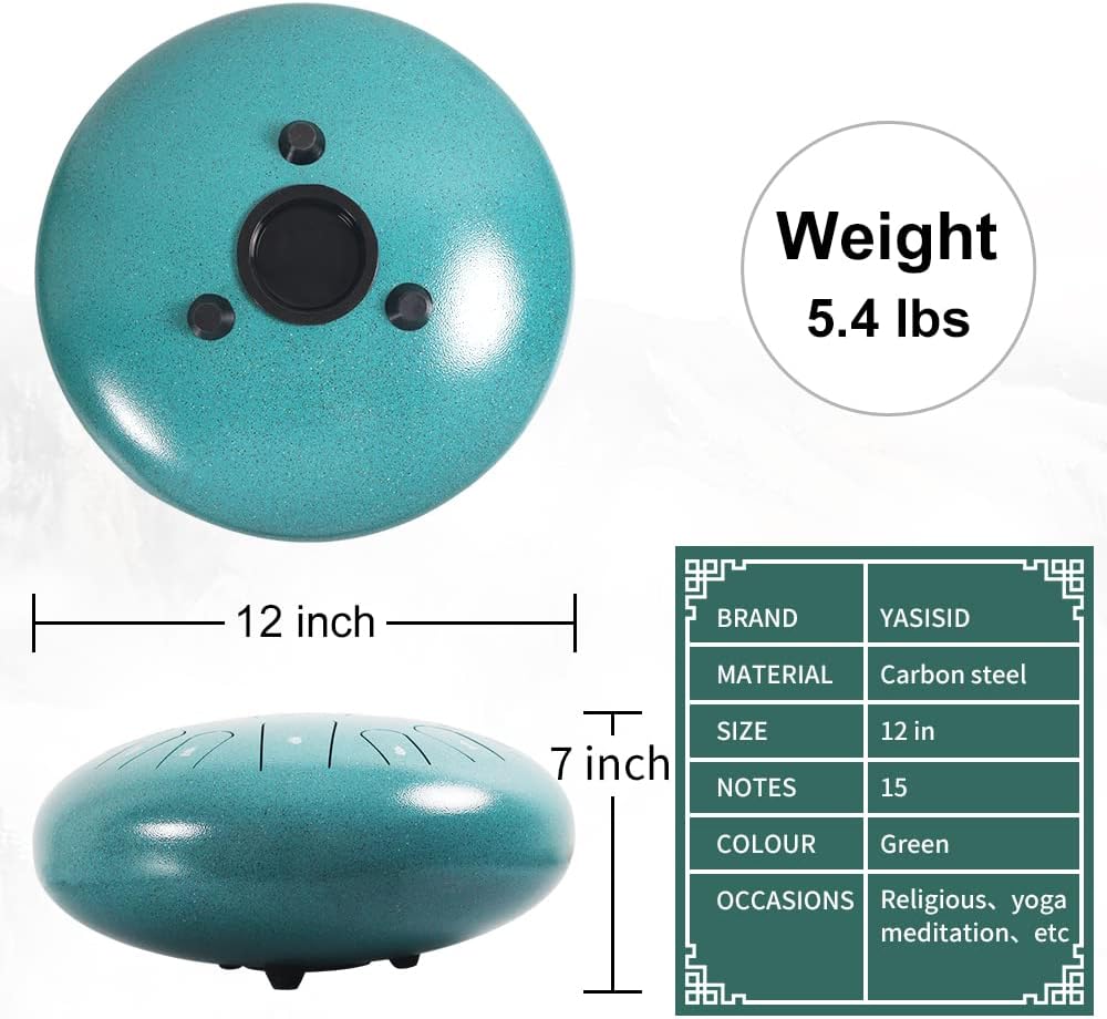 Rain Drum for Outside Garden,Steel Tongue Drum 12 Inches 15 Notes Musical Instruments, Handpan Drum Percussion Instrument, with Soft Bag, Music Book, 2 Mallets, for Meditation or Yoga (Green)