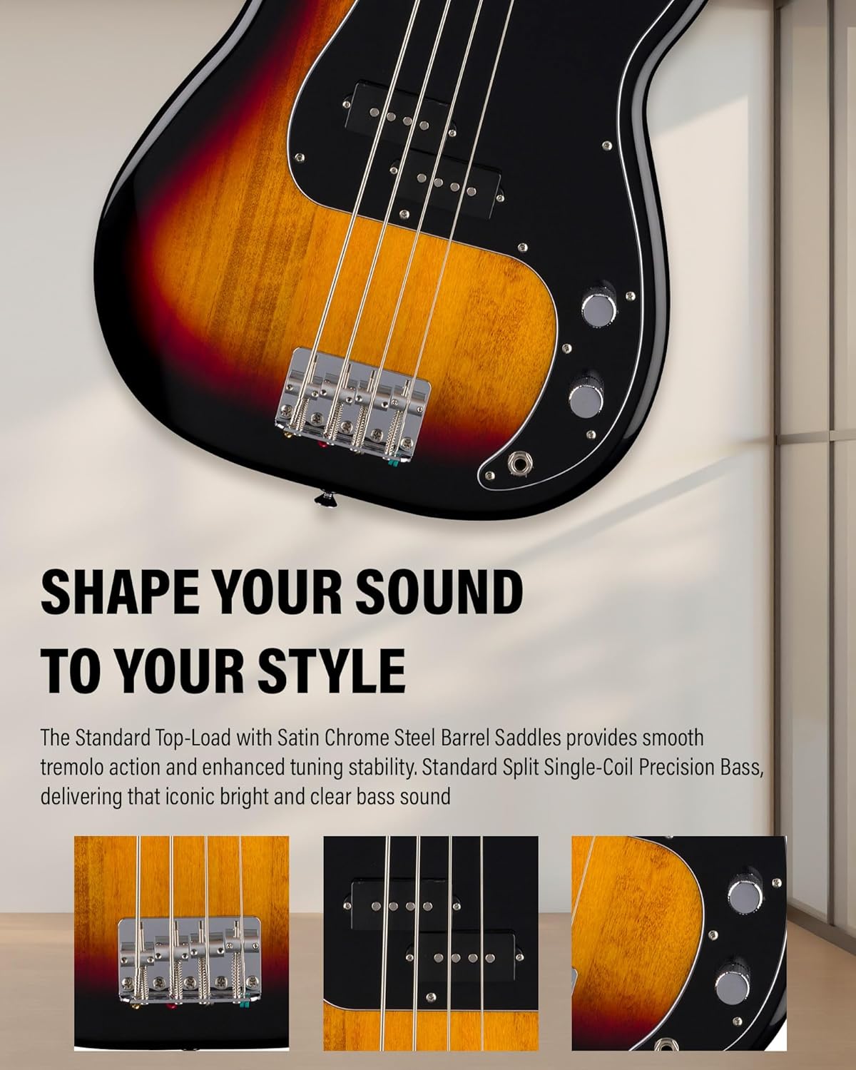 Fender Standard Precision Bass - 3-Color Sunburst Bundle with Strap, Guitar Cleaning Kit, and Austin Bazaar Instructional Video