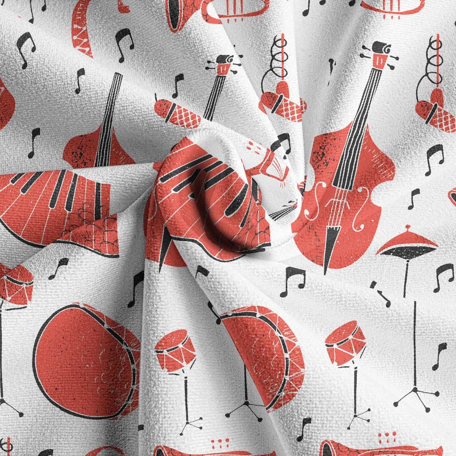 Ambesonne Musical Faux Suede Fabric by The Yard, Grunge Effect Musical Instruments as Trombone Trumpet and Double Bass, for Indoor Outdoor DIY Projects Upholstery, 10 Yards, Vermilion and Black